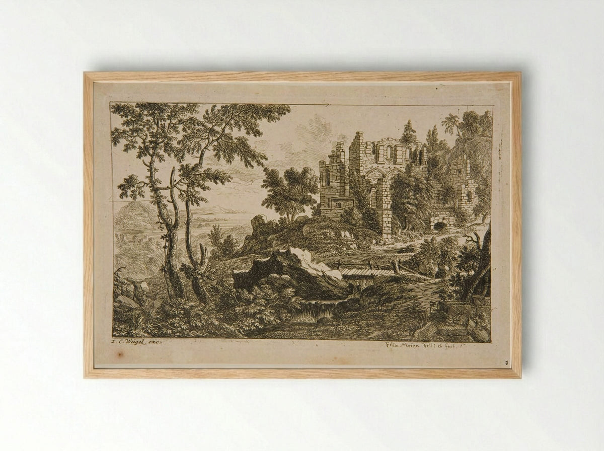 Landscape with a Ruin and a Bridge - Felix Meyer - Framed Print Wood