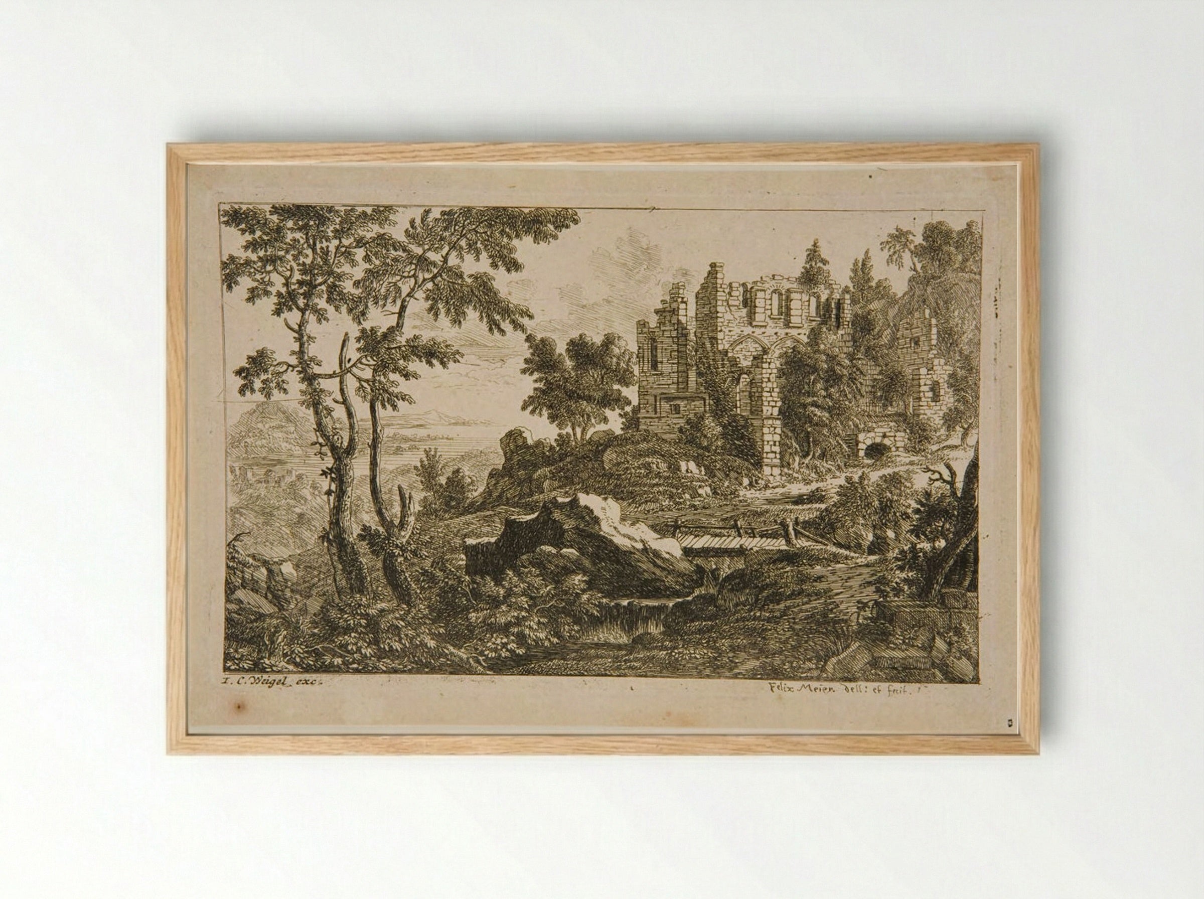 Landscape with a Ruin and a Bridge - Felix Meyer - Framed Print Wood