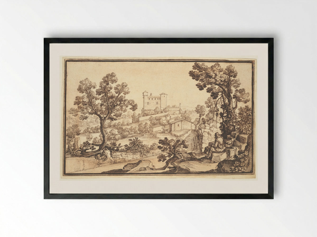 Landscape with a Seated Figure - Remigio Cantagallina - Framed Print Black