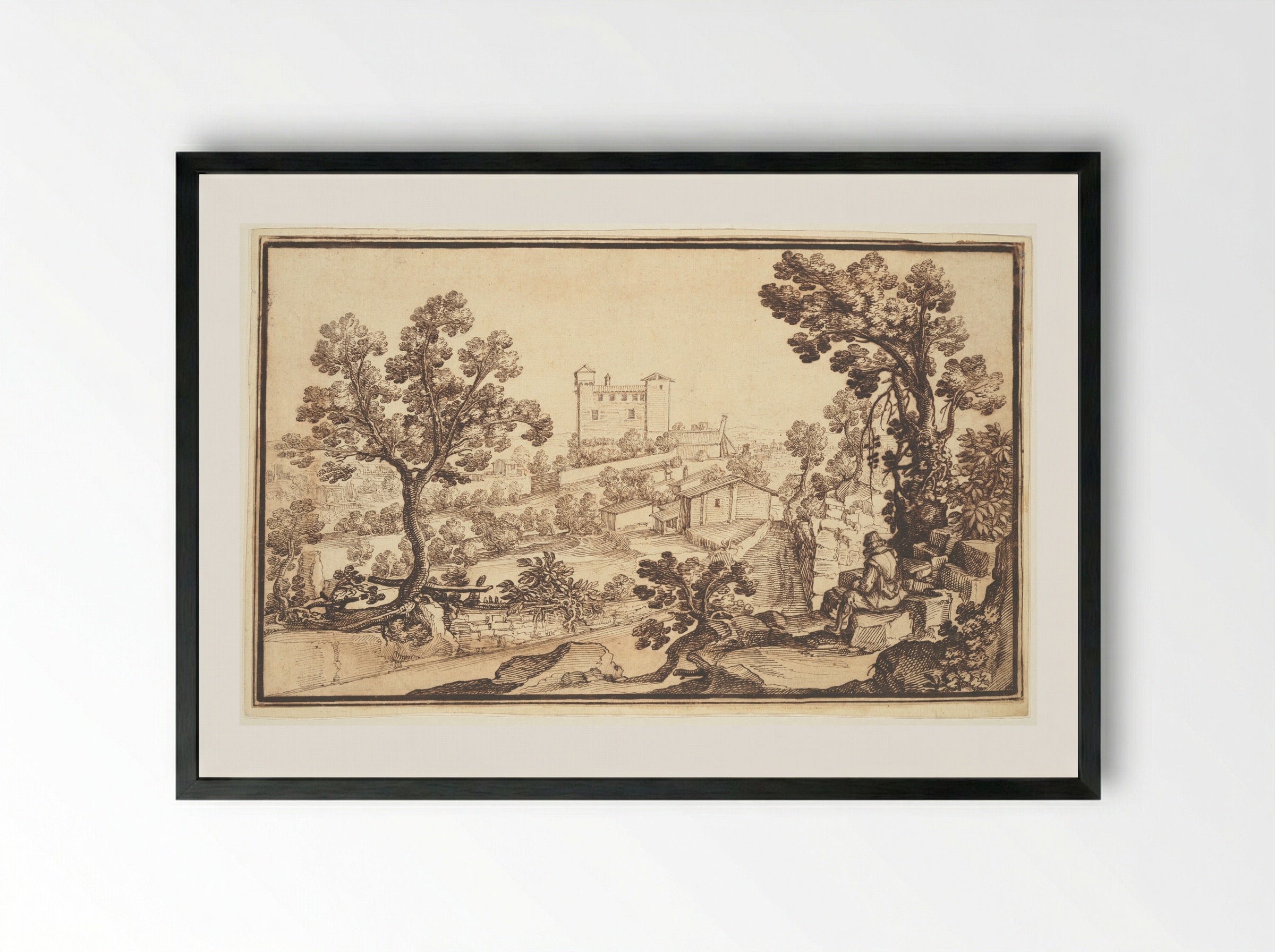 Landscape with a Seated Figure - Remigio Cantagallina - Framed Print Black
