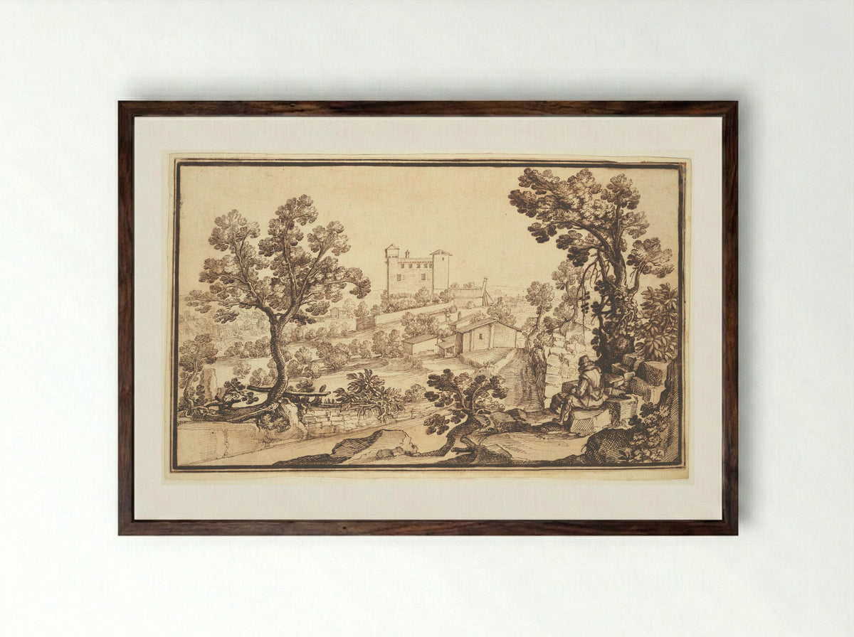 Landscape with a Seated Figure - Remigio Cantagallina - Framed Print Dark Wood