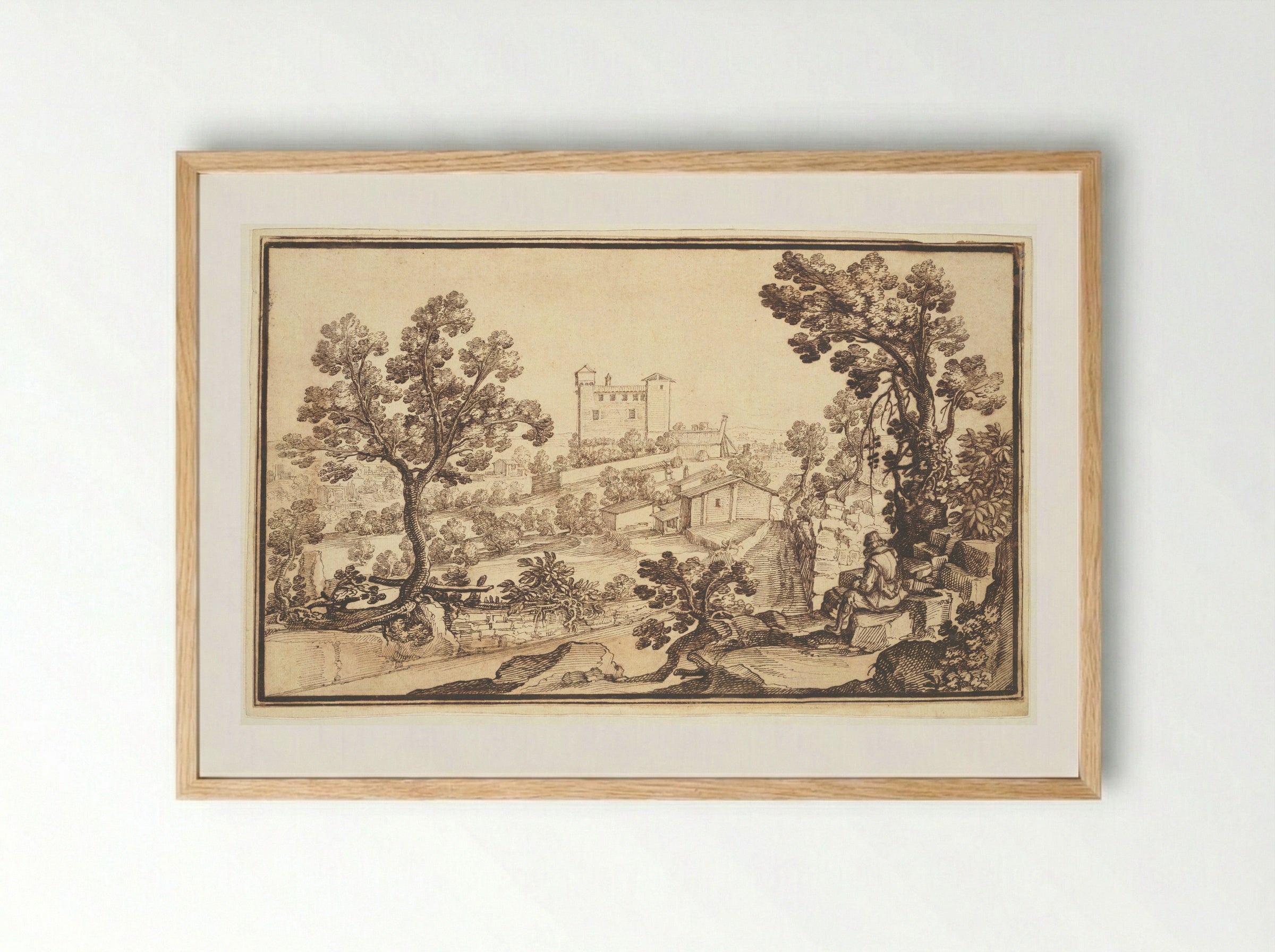 Landscape with a Seated Figure - Remigio Cantagallina - Framed Print Wood