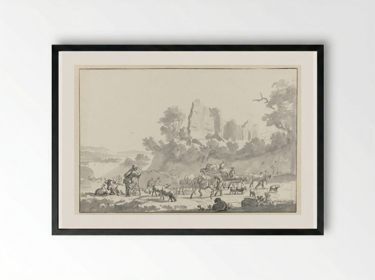 Landscape with a Shepherd and Cattle, and Travellers - Adriaen van de Velde - Framed Print Black