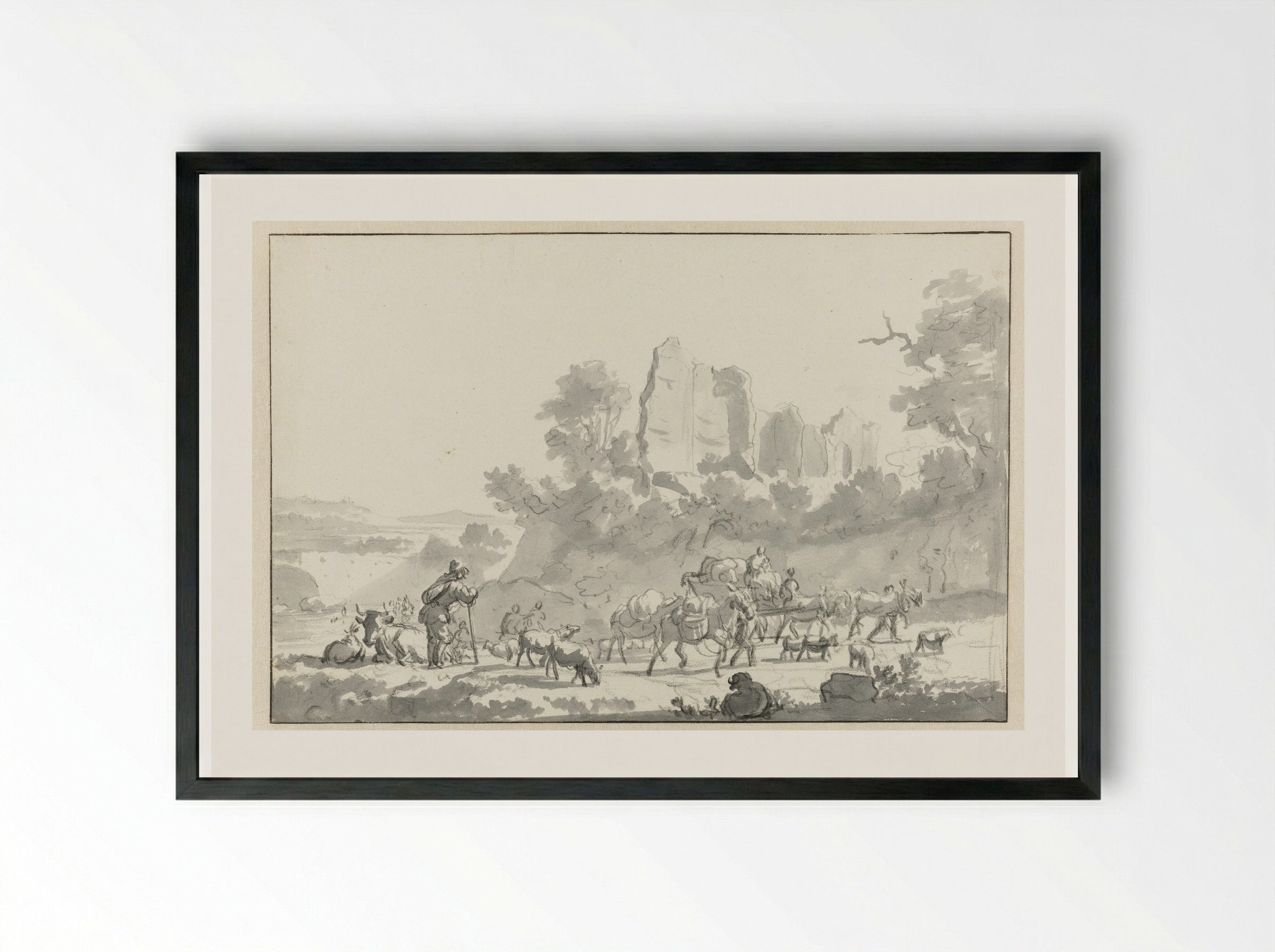 Landscape with a Shepherd and Cattle, and Travellers - Adriaen van de Velde - Framed Print Black
