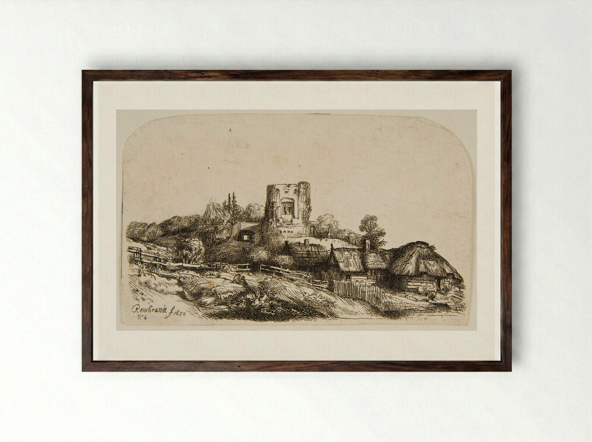 Landscape with a Square Tower - Rembrandt van Rijn - Framed Print Dark Wood