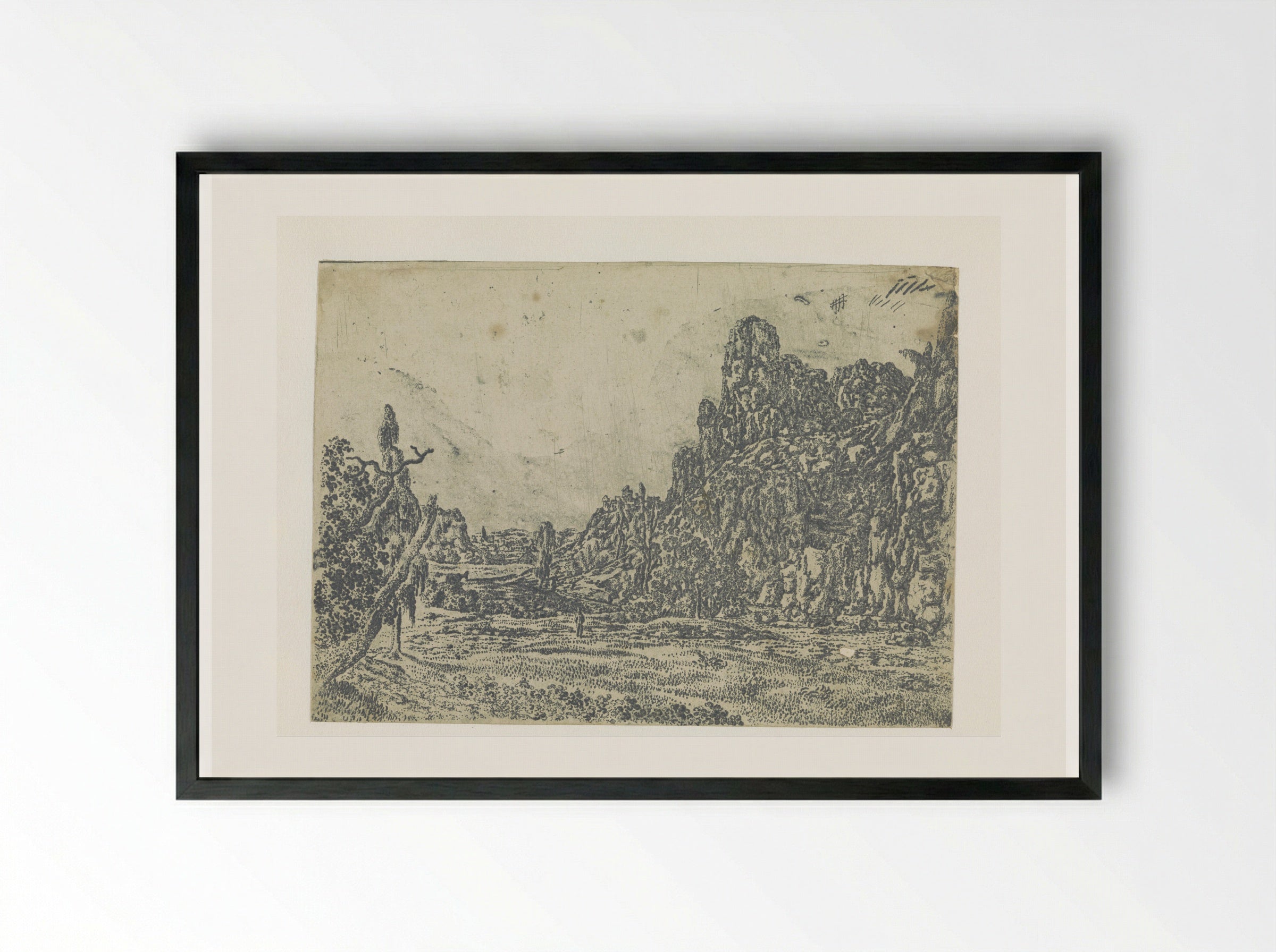 Landscape with a Steep Cliff, Large Version - Hercules Segers - Framed Print Black