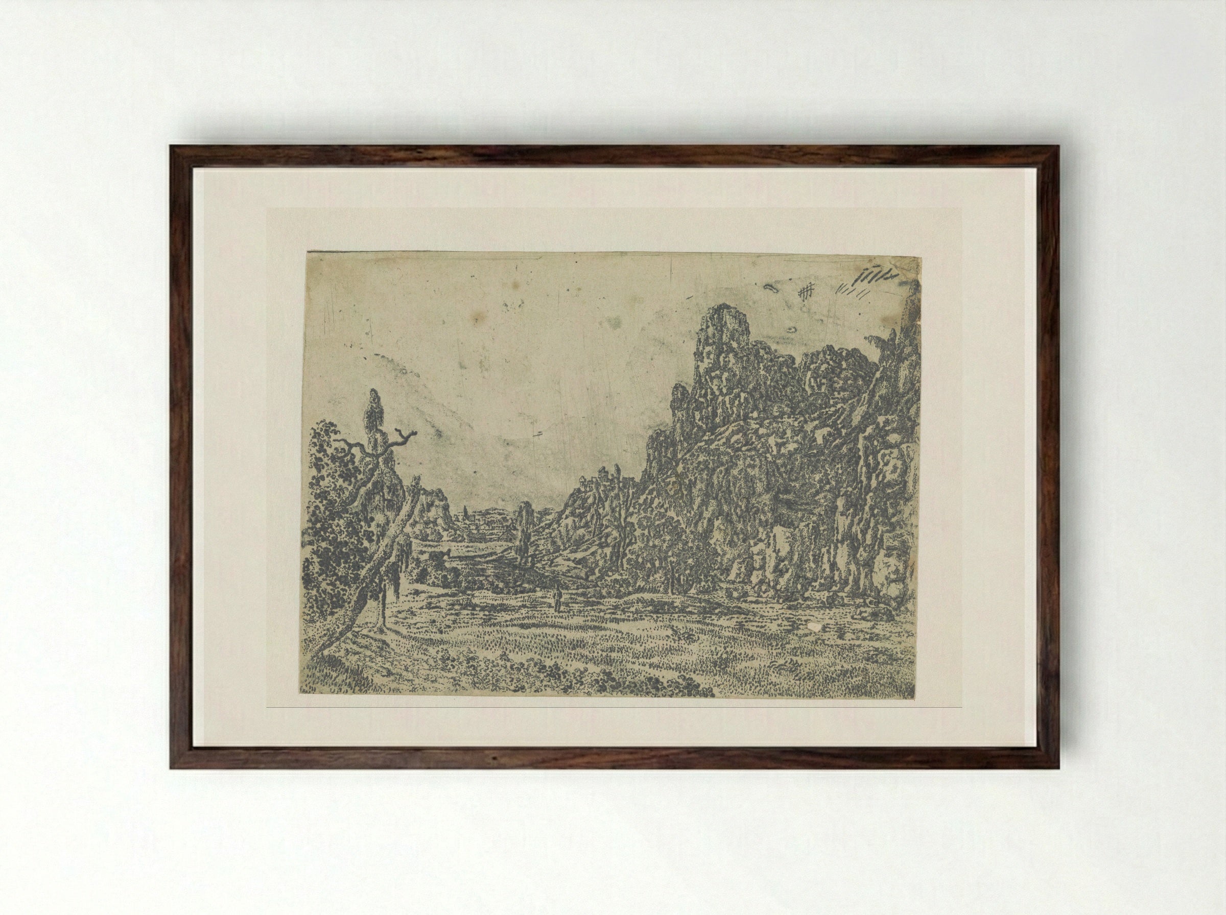 Landscape with a Steep Cliff, Large Version - Hercules Segers - Framed Print Dark Wood