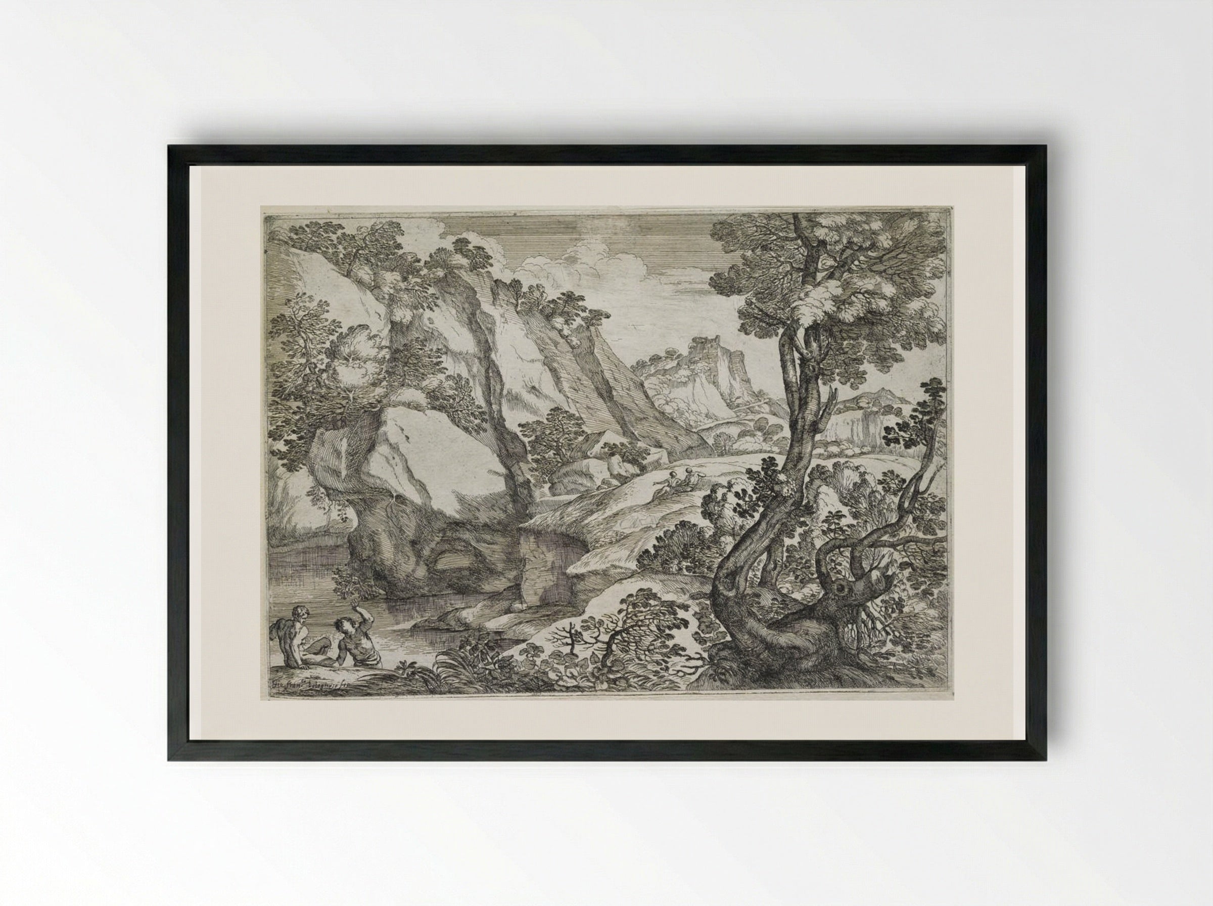 Landscape with a Stunted Tree - Giovanni Francesco Grimaldi - Framed Print Black