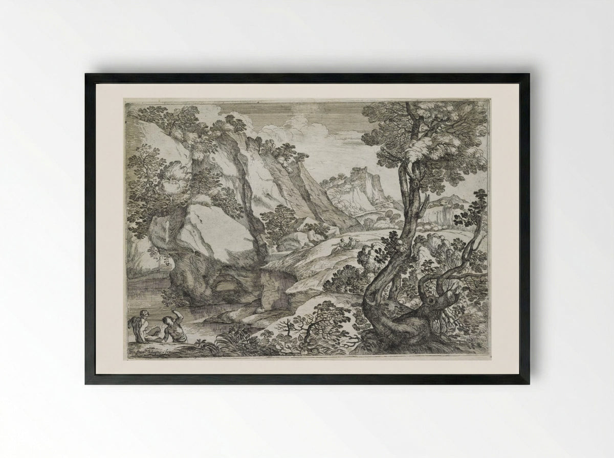 Landscape with a Stunted Tree - Giovanni Francesco Grimaldi - Framed Print Black