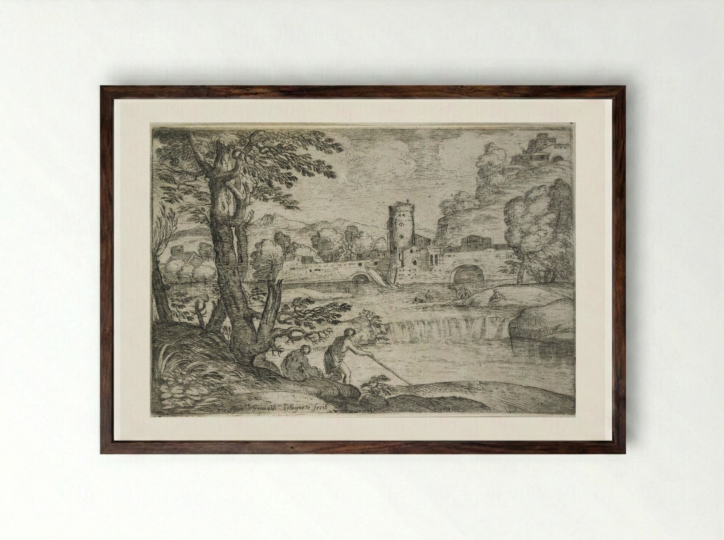 Landscape with a Town near a Cascade - Giovanni Francesco Grimaldi - Framed Print Dark Wood