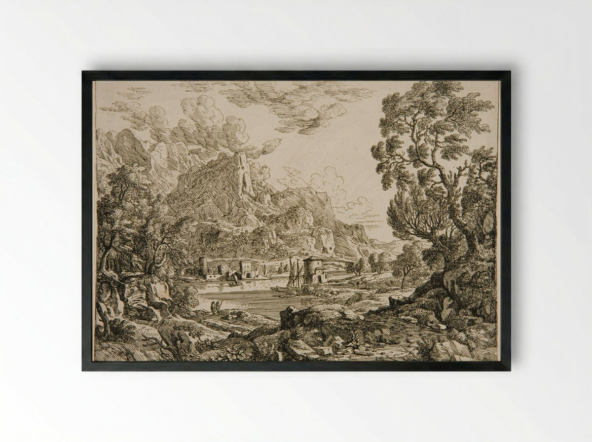 Landscape with a Town on a River at the Foot of Mountains - Felix Meyer - Framed Print Black