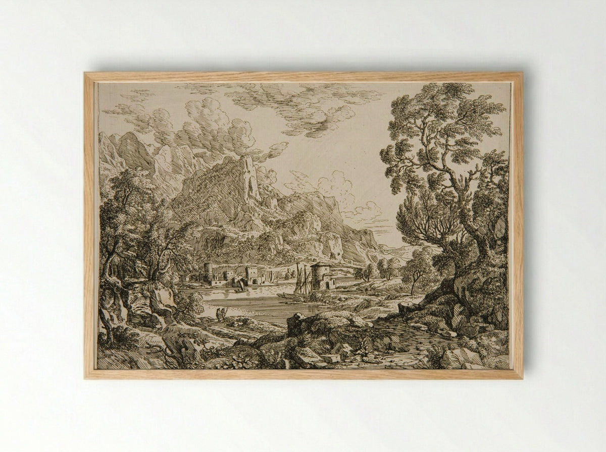 Landscape with a Town on a River at the Foot of Mountains - Felix Meyer - Framed Print Wood