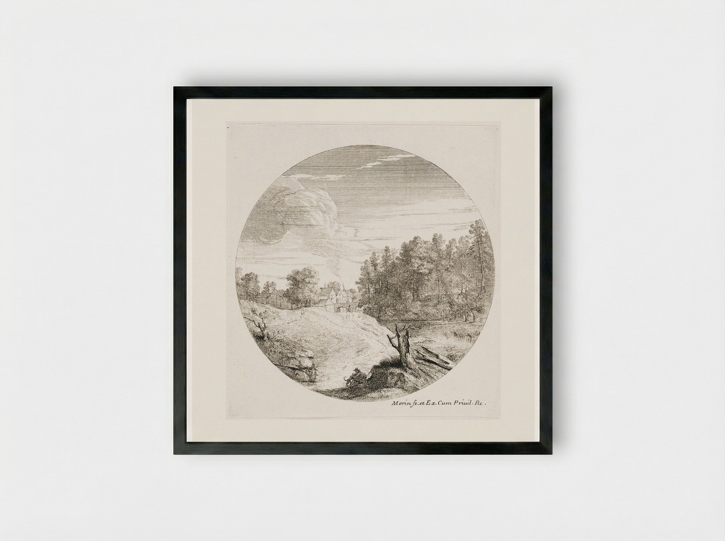 Landscape with a Traveler and His Dog Sitting below a Stump - Jean Morin - Framed Print Black
