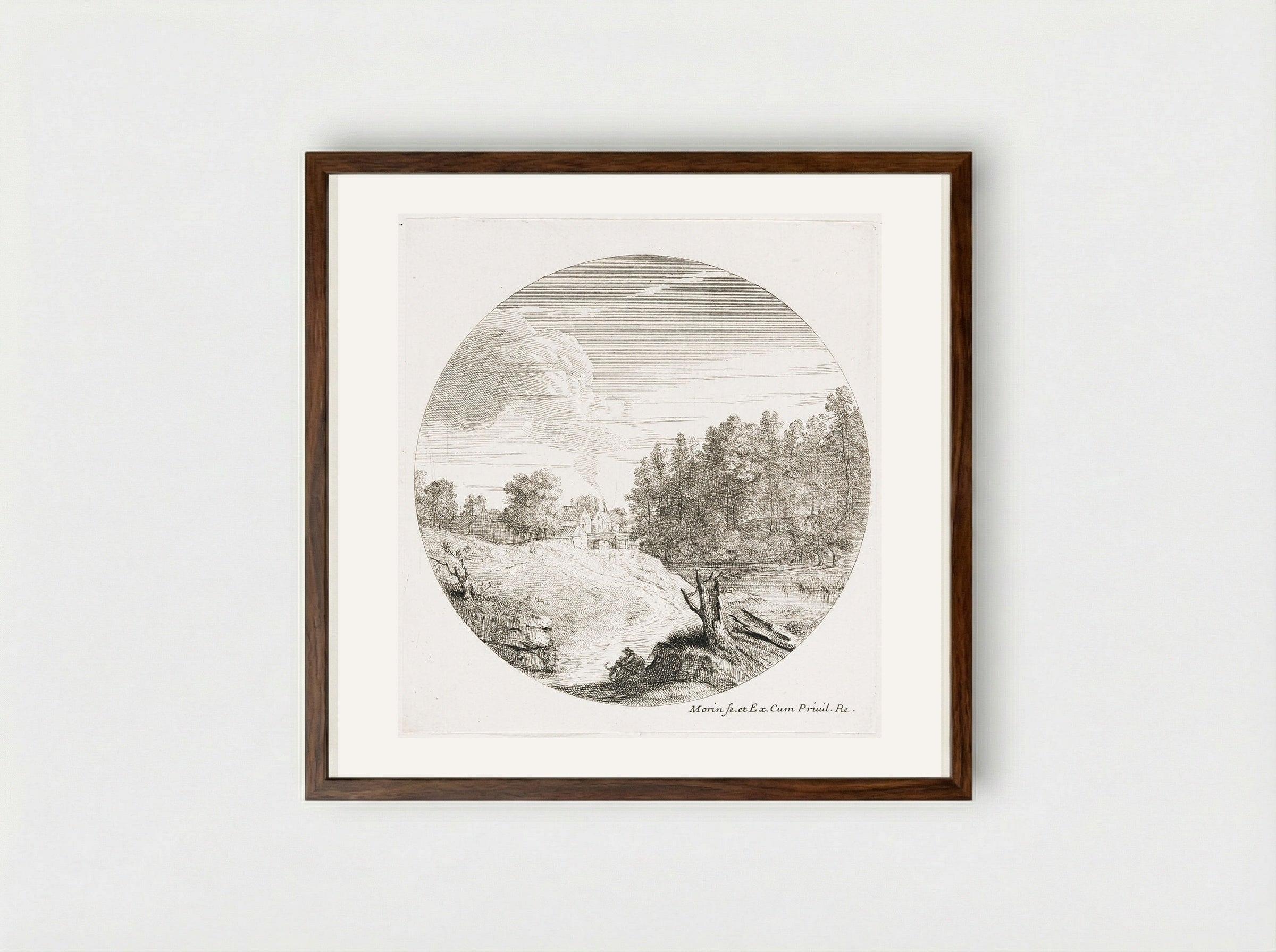 Landscape with a Traveler and His Dog Sitting below a Stump - Jean Morin - Framed Print Dark Wood