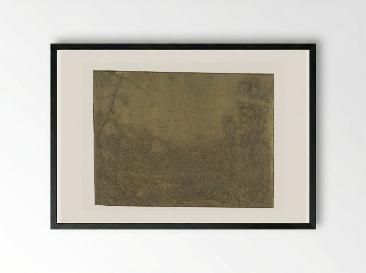 Landscape with a Waterfall, First Version - Hercules Segers - Framed Print Black