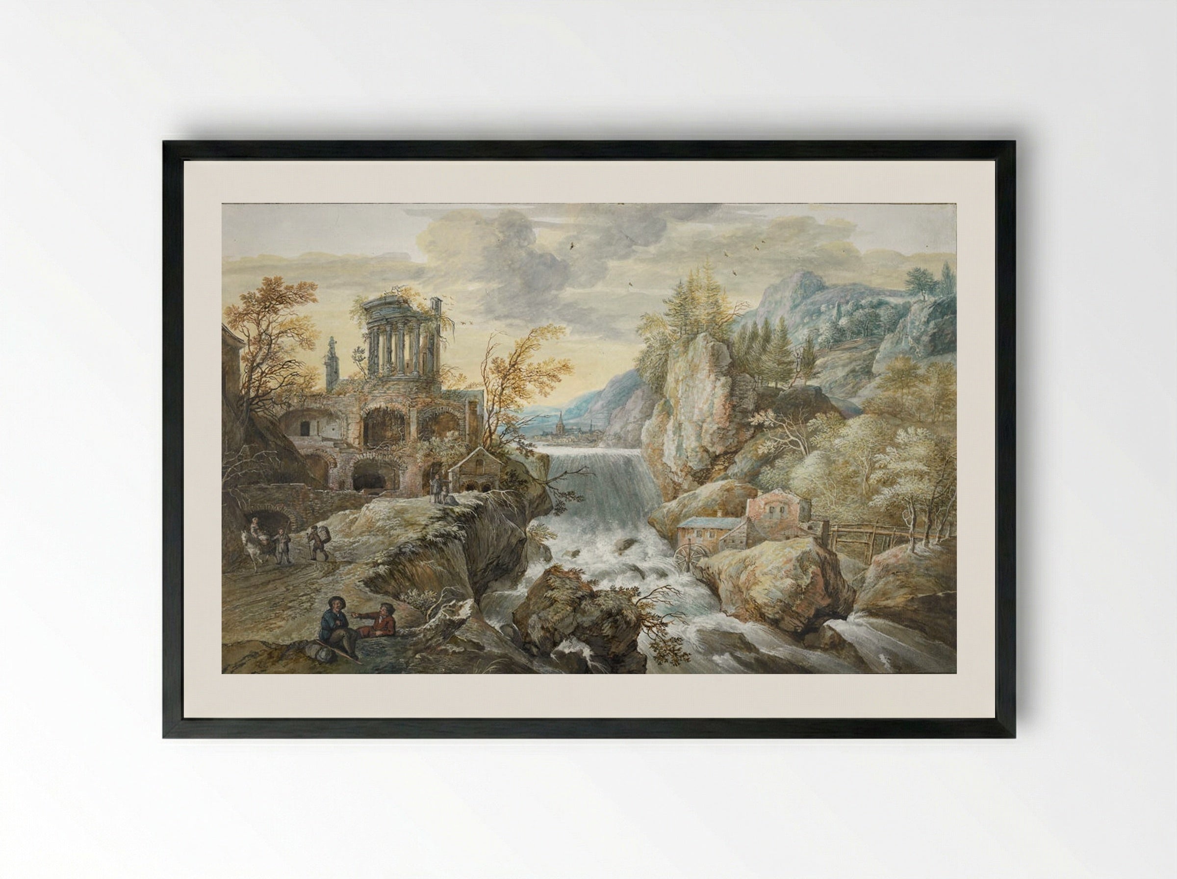 Landscape with a Waterfall and the Temple of the Sibyl - Gerrit Battem - Framed Print Black
