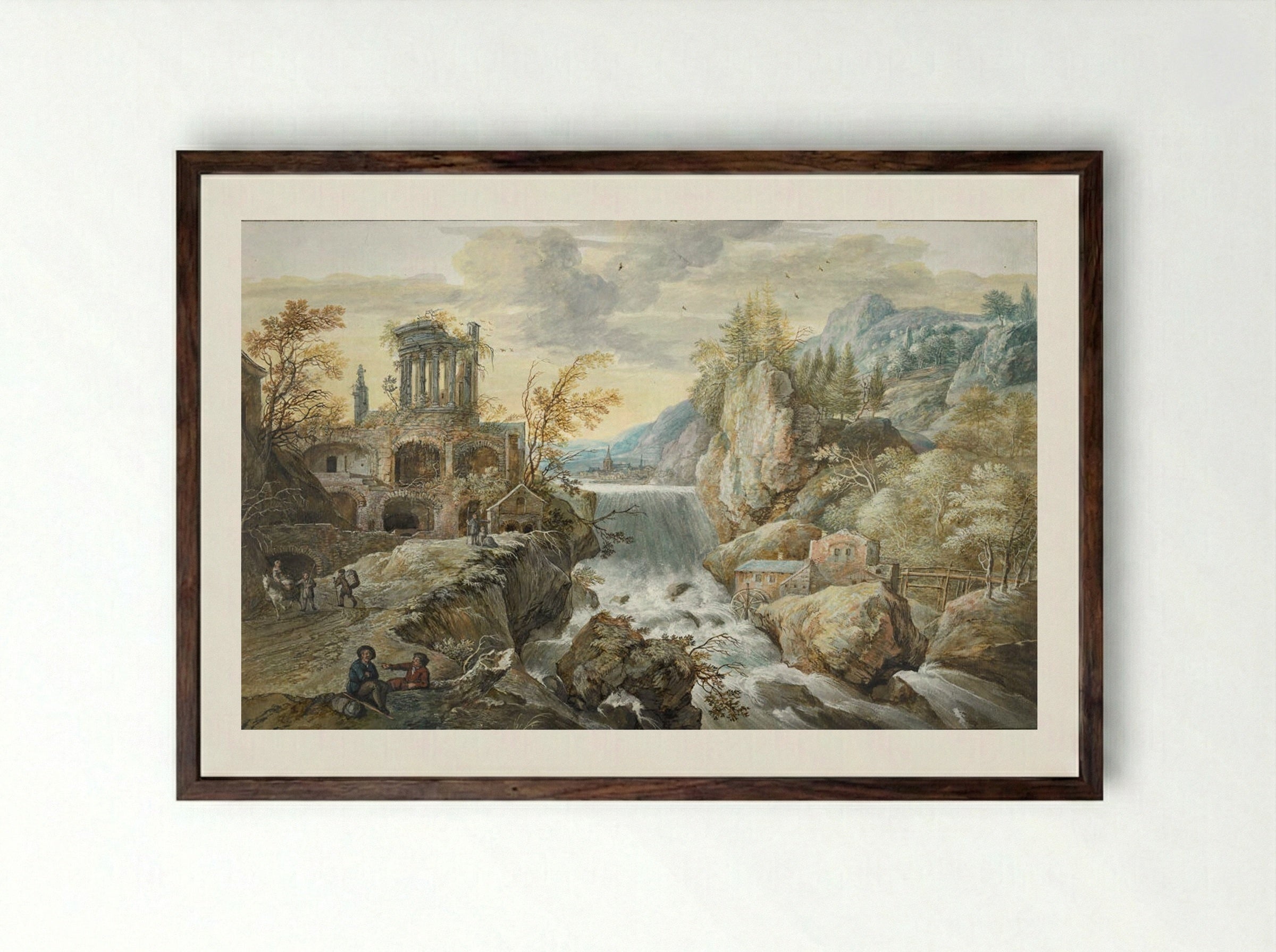 Landscape with a Waterfall and the Temple of the Sibyl - Gerrit Battem - Framed Print Dark Wood