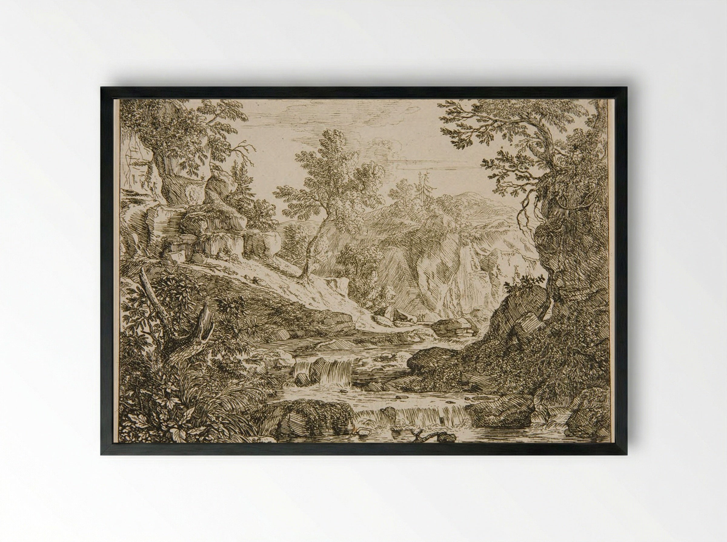 Landscape with a Waterfall - Felix Meyer - Framed Print Black