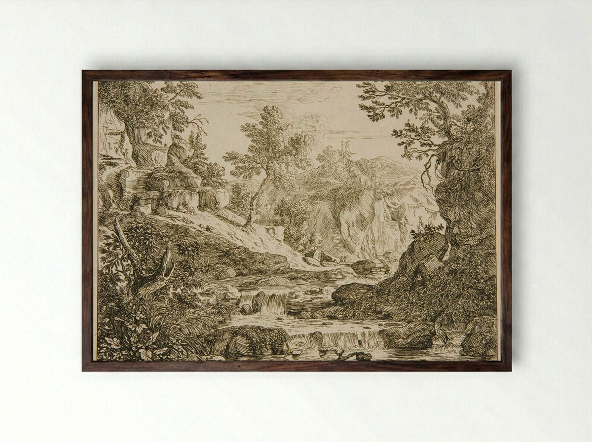 Landscape with a Waterfall - Felix Meyer - Framed Print Dark Wood