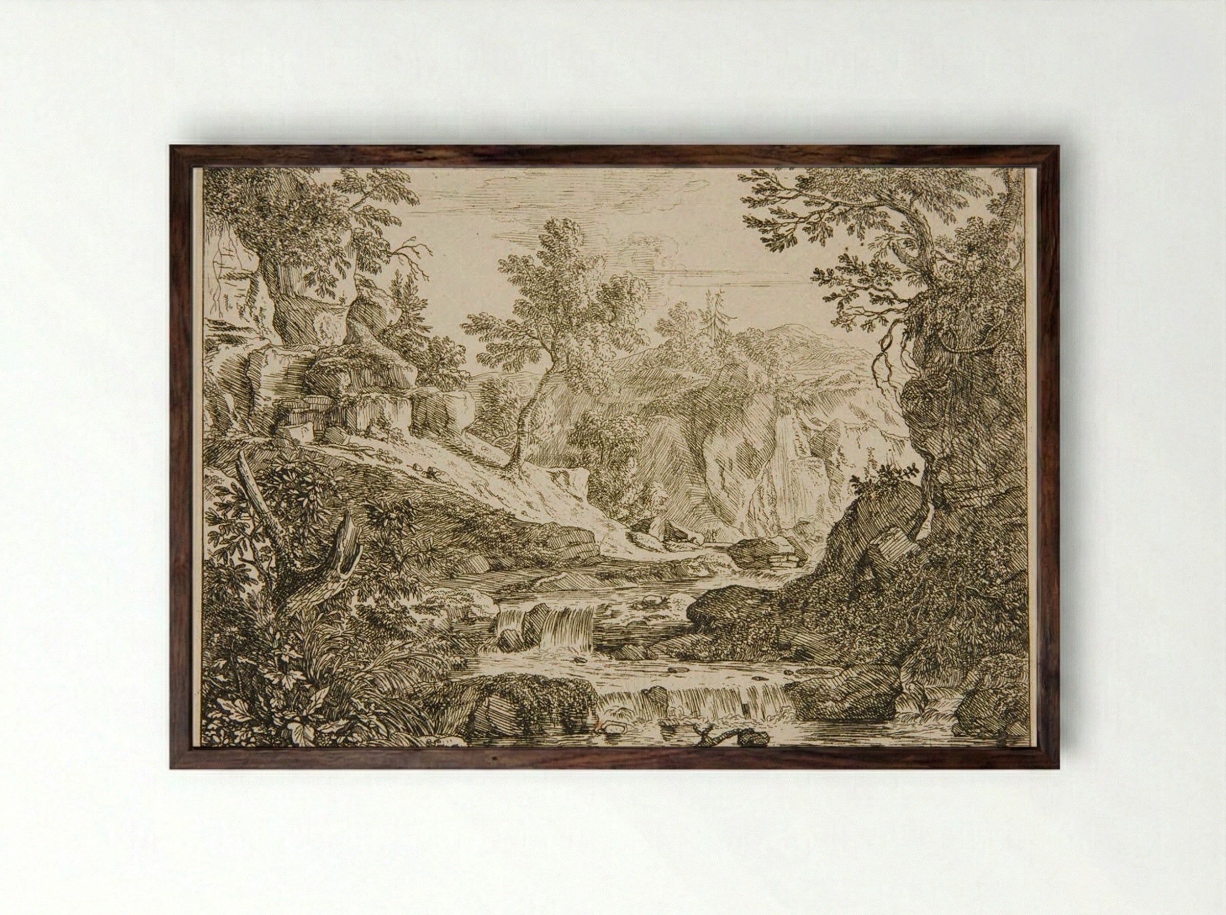 Landscape with a Waterfall - Felix Meyer - Framed Print Dark Wood