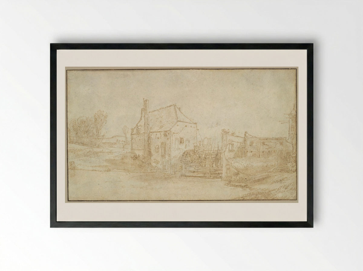 Landscape with a Watermill - Jan van de Velde II - Framed Print Black