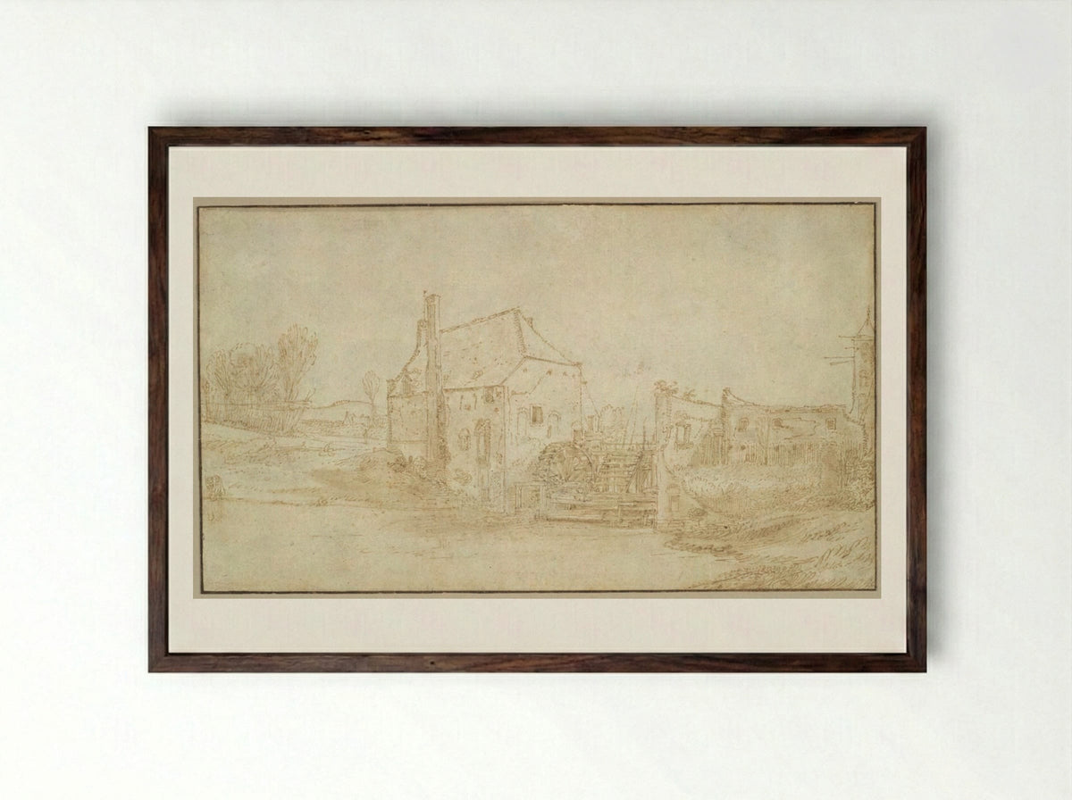 Landscape with a Watermill - Jan van de Velde II - Framed Print Dark Wood