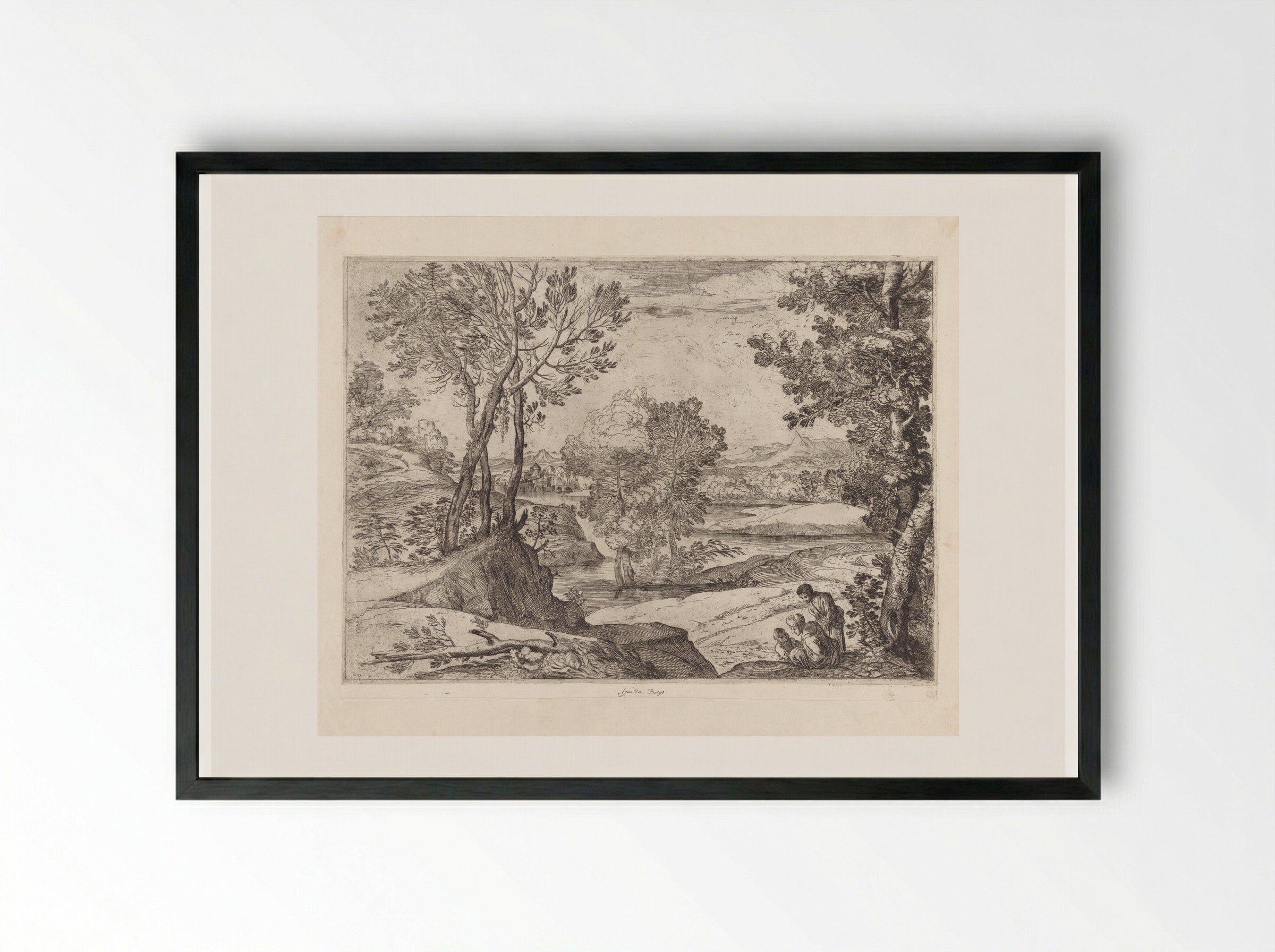 Landscape with a Woman, Man and Child - Giovanni Francesco Grimaldi - Framed Print Black