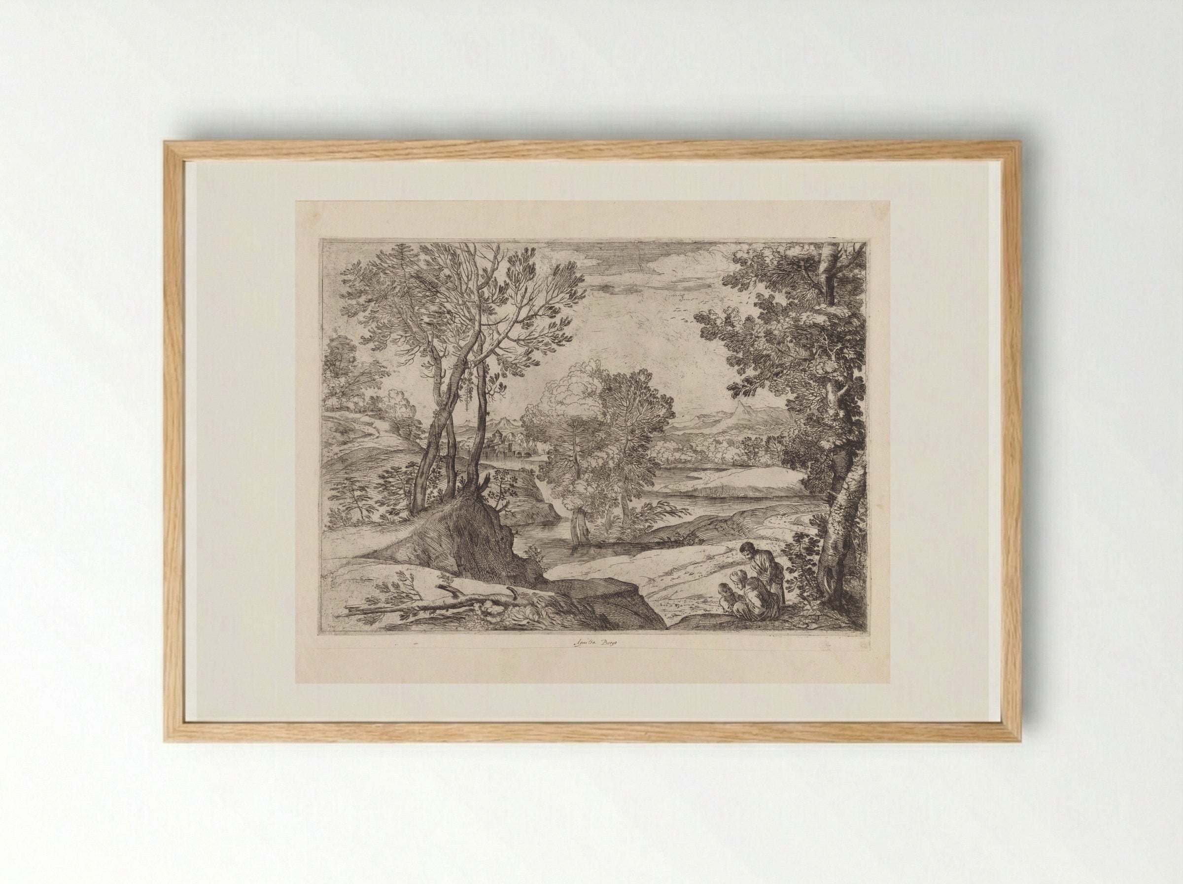 Landscape with a Woman, Man and Child - Giovanni Francesco Grimaldi - Framed Print Wood