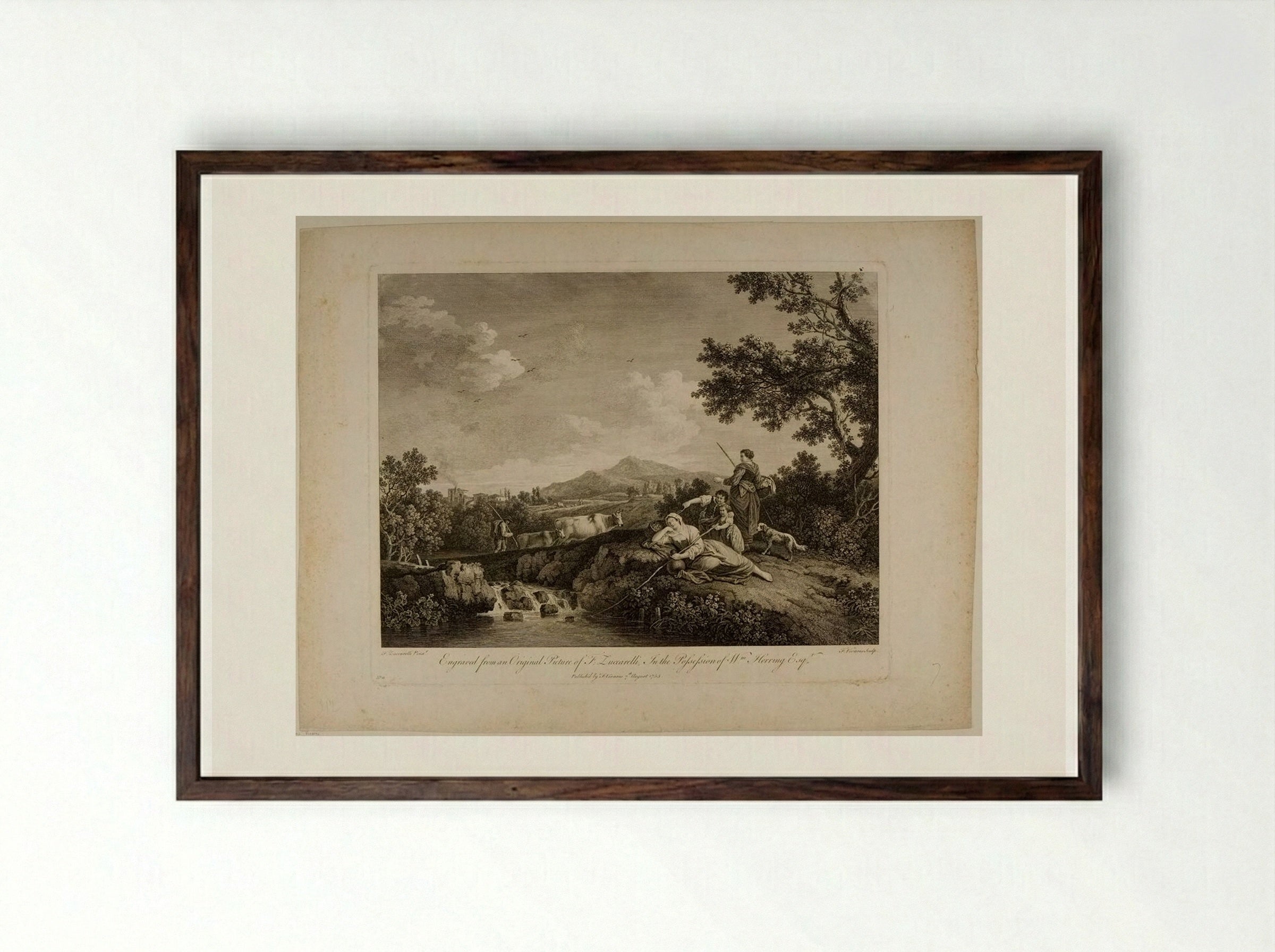 Landscape, with a Woman Resting by a Waterfall - François Vivares - Framed Print Dark Wood