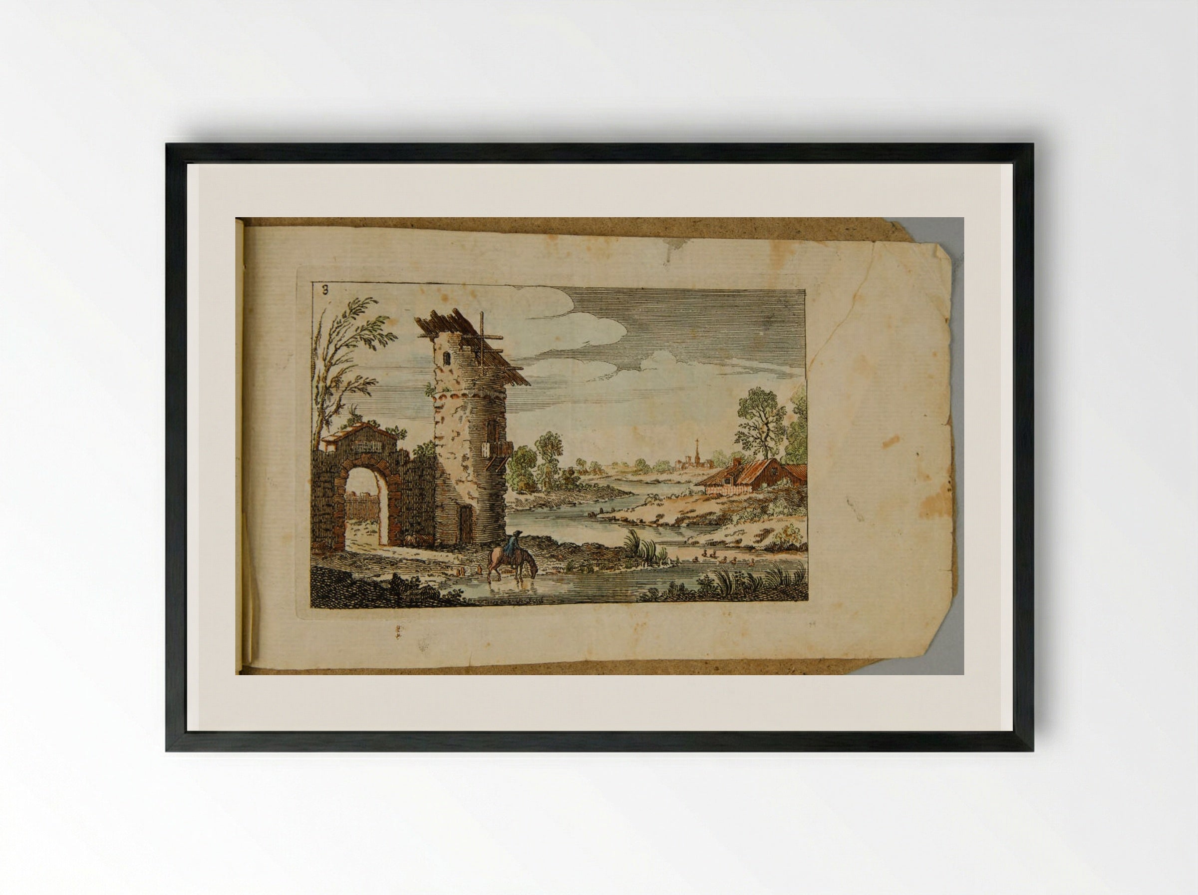 Landscape with an Arch and Circular Tower - François Vivares - Framed Print Black