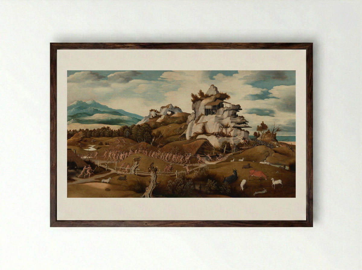 Landscape with an Episode from the Conquest of America - Jan Jansz Mostaert - Framed Print Dark Wood