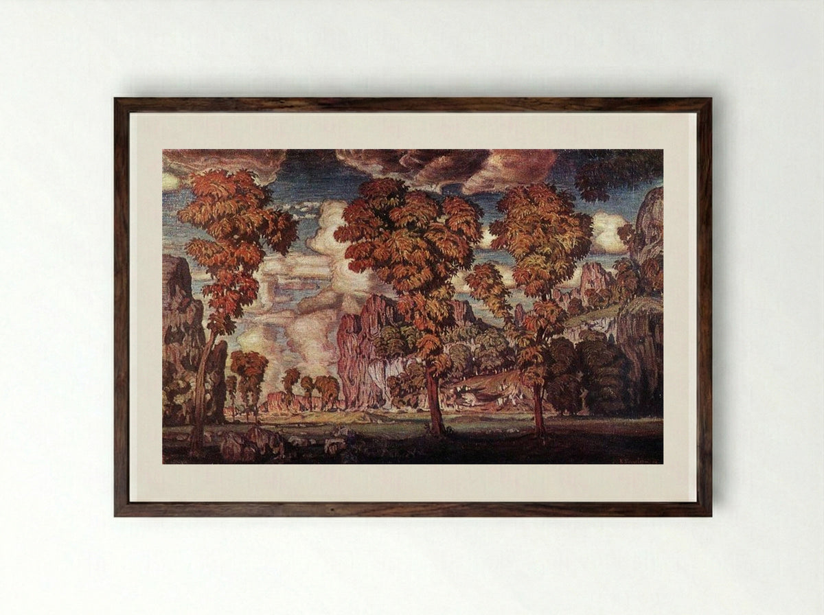 Landscape with rocks. Stary Krym. - Konstantin Bogaevsky - Framed Print Dark Wood