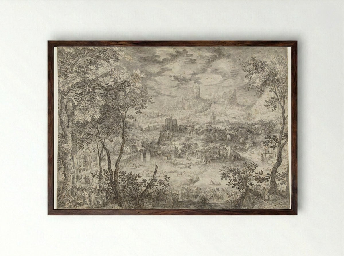 Landscape with the Healing of the Blind Man - David Vinckboons - Framed Print Dark Wood