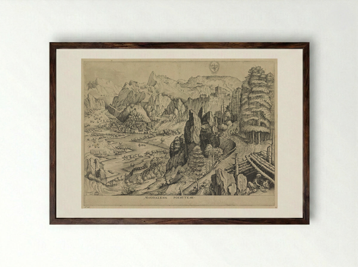 Landscape with the Penitent Magdalene - Johannes and Lucas van Doetechum - Framed Print Dark Wood