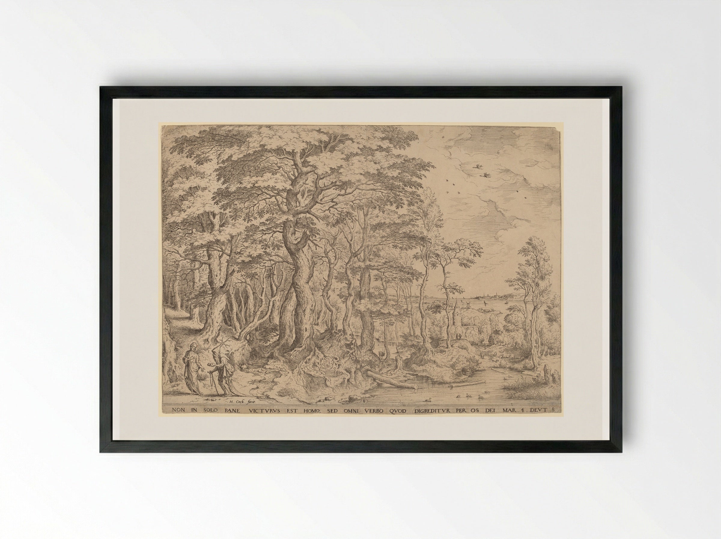Landscape with the Temptation of Christ - Hieronymus Cock - Framed Print Black