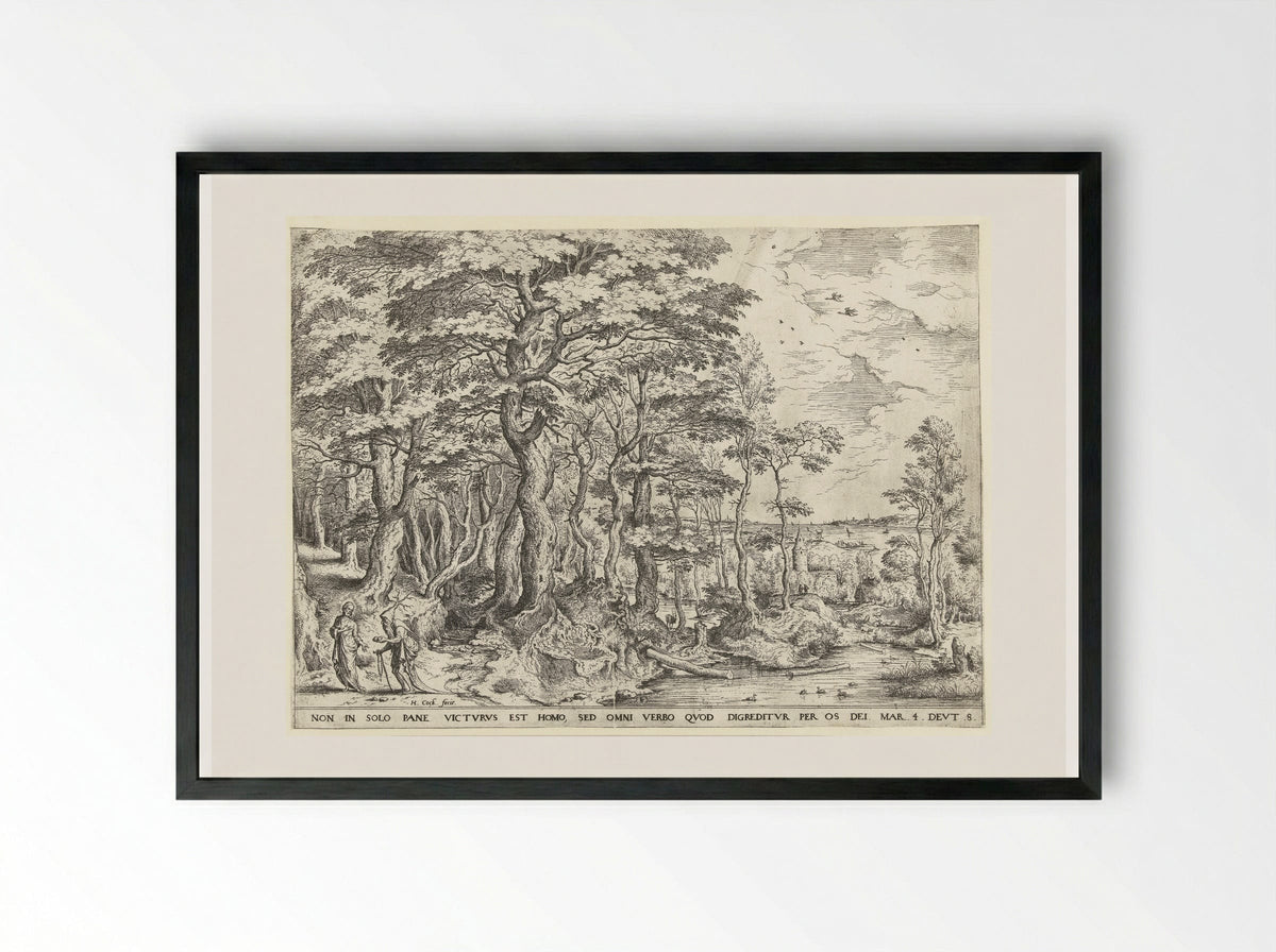 Landscape with the Temptation of Christ - Hieronymus Cock - Framed Print Black