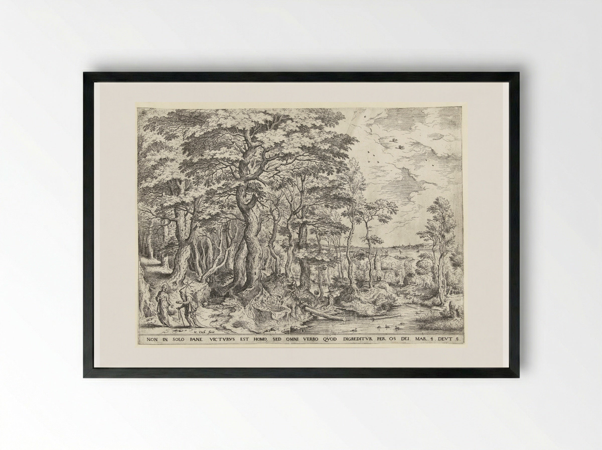 Landscape with the Temptation of Christ - Hieronymus Cock - Framed Print Black