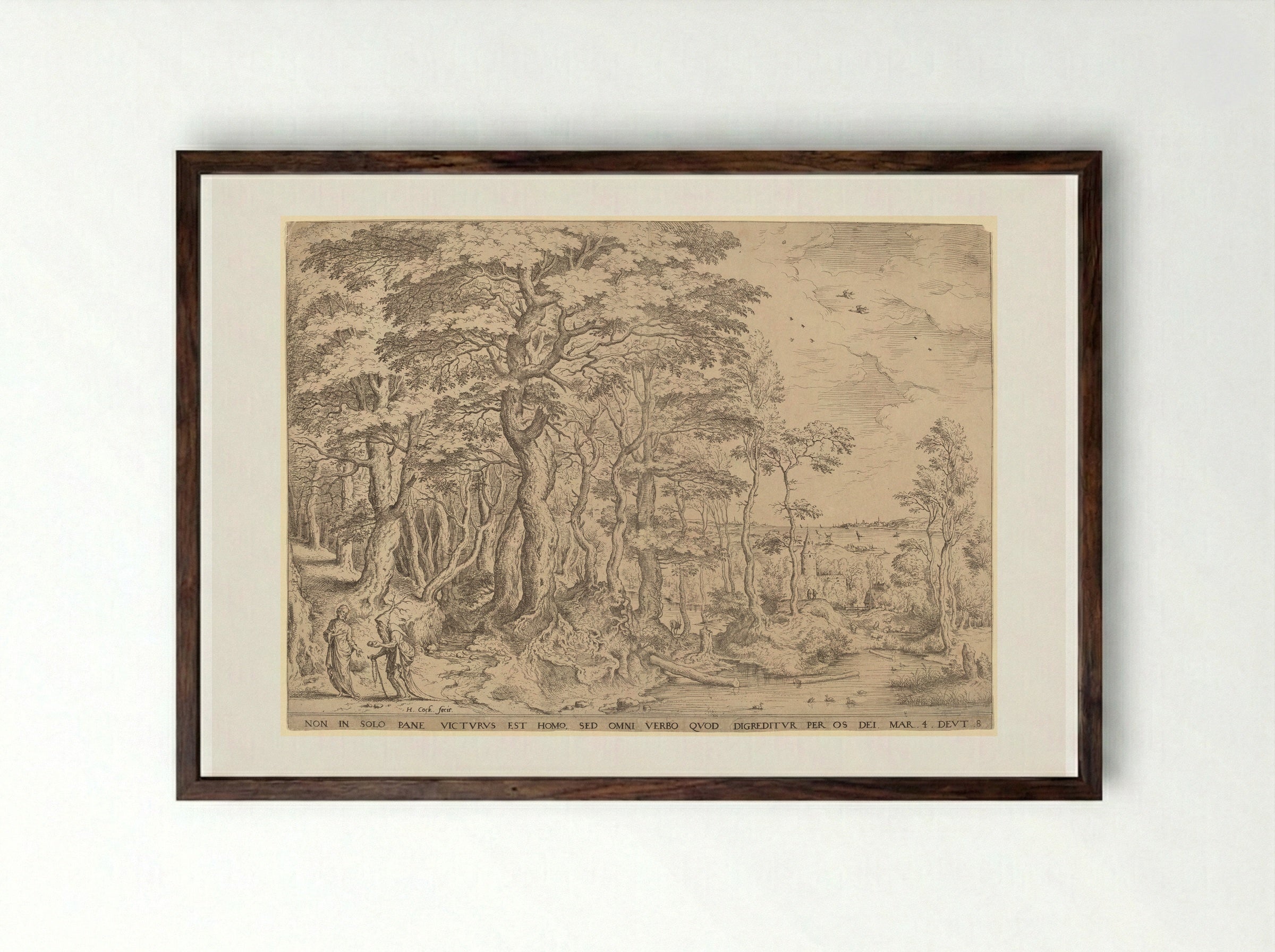 Landscape with the Temptation of Christ - Hieronymus Cock - Framed Print Dark Wood