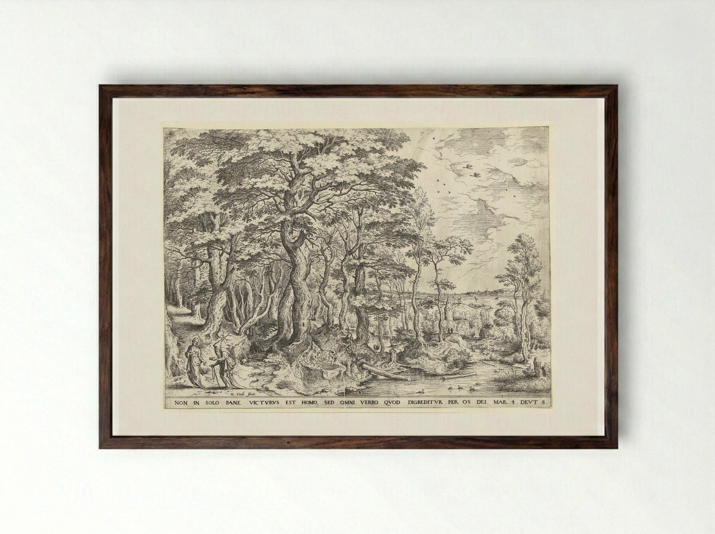 Landscape with the Temptation of Christ - Hieronymus Cock - Framed Print Dark Wood