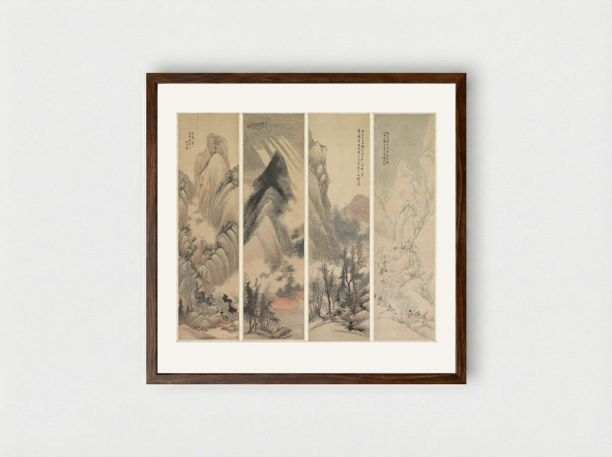 Landscapes (Four-Panel Hanging Scroll) - Ren Yu - Framed Print Dark Wood