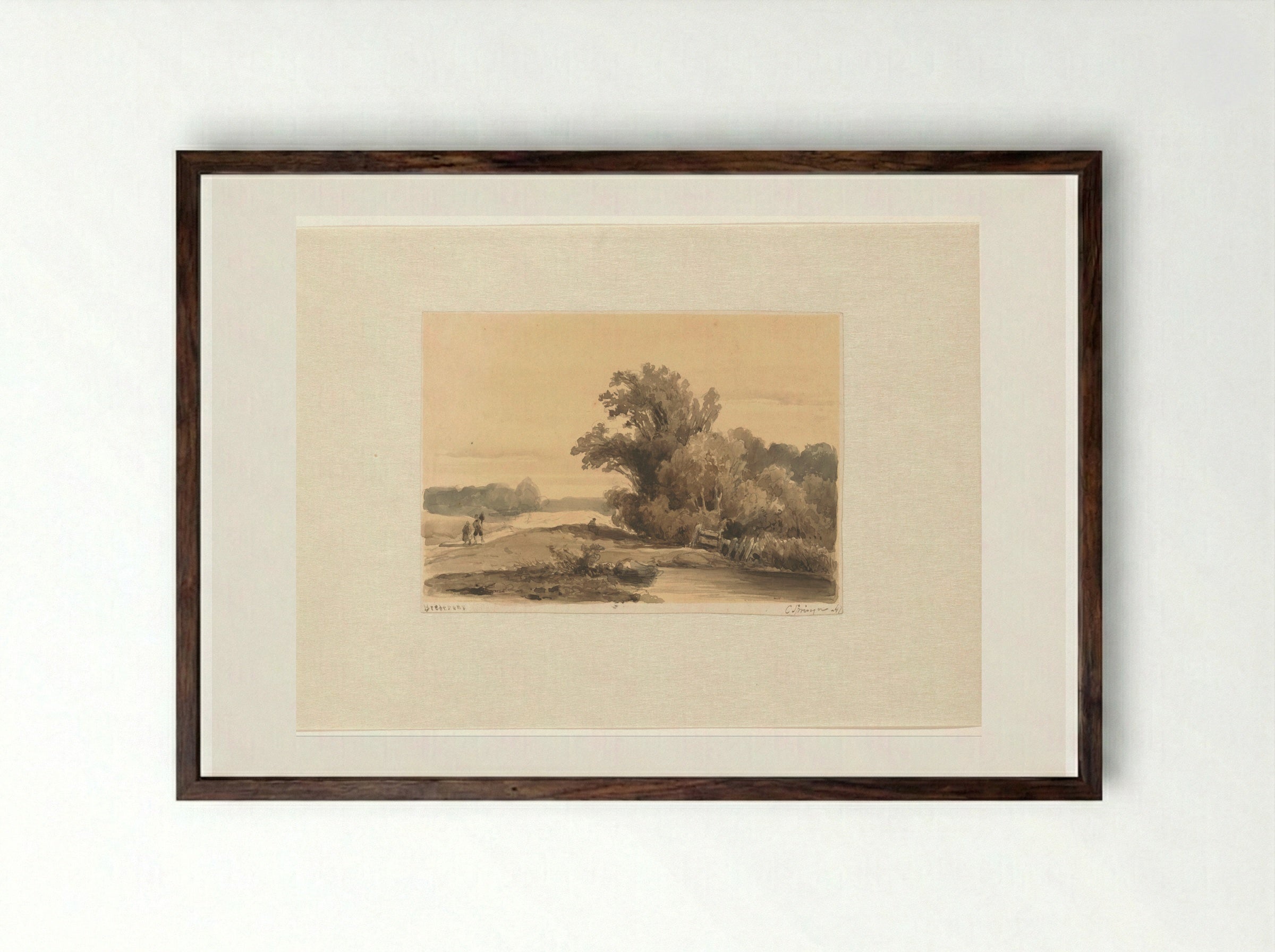 Landschap bij Brederode met wandelaars op een pad - Cornelis Springer - Framed Print Dark Wood