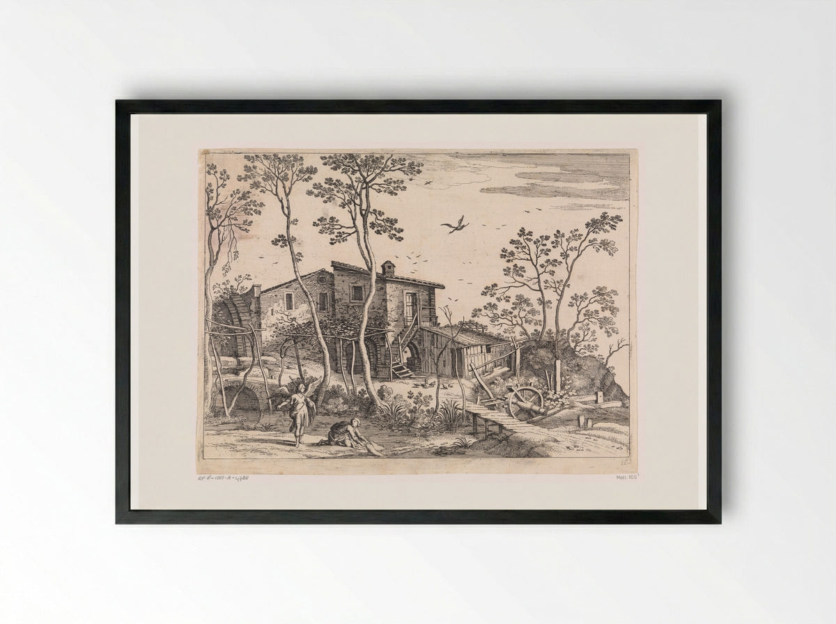 Landschap met Tobias en de engel - Guilliam van Nieulandt (II) - Framed Print Black