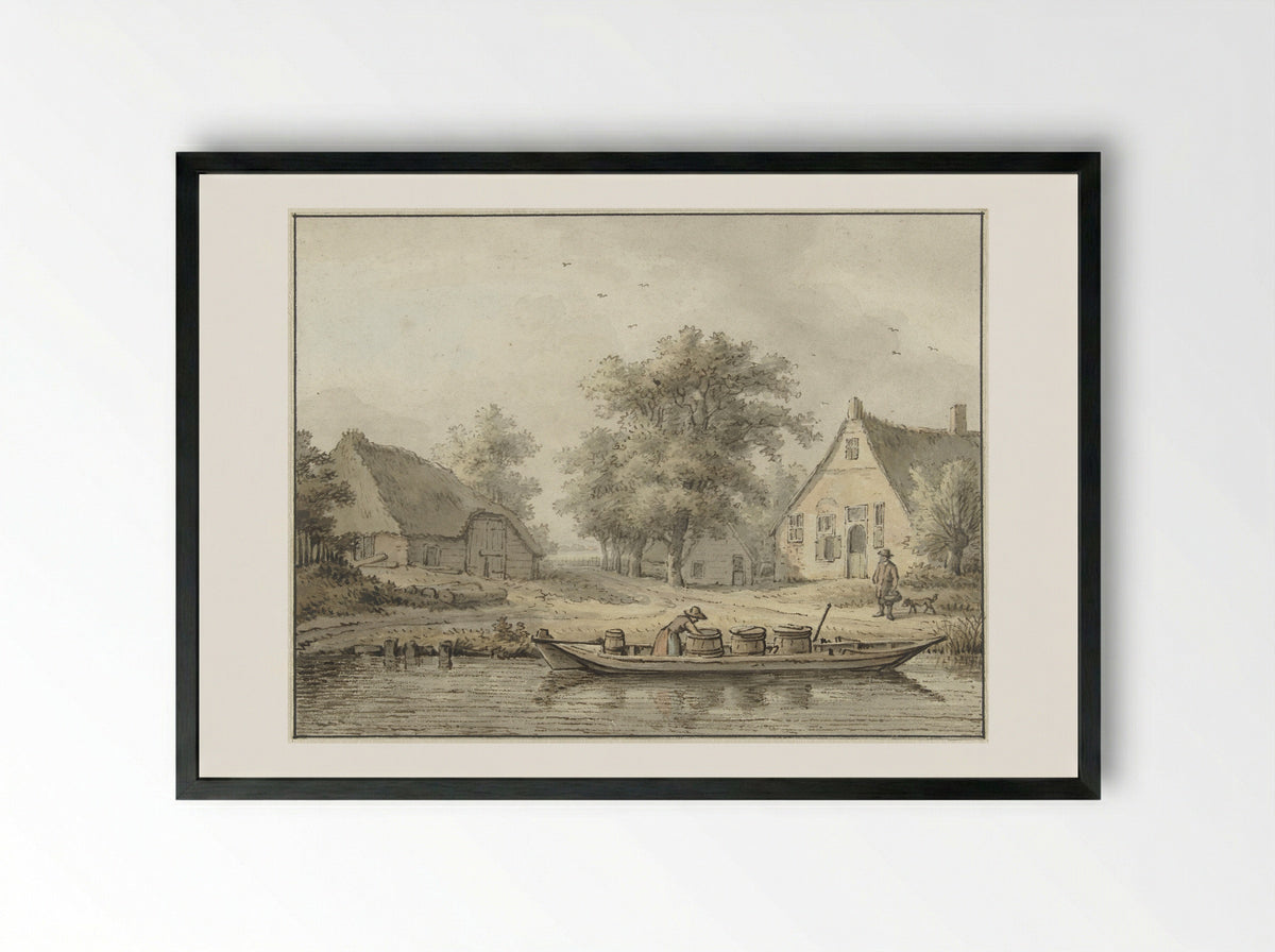 Landschap met afgemeerde schuit met vaten - Cornelis Buys - Framed Print Black