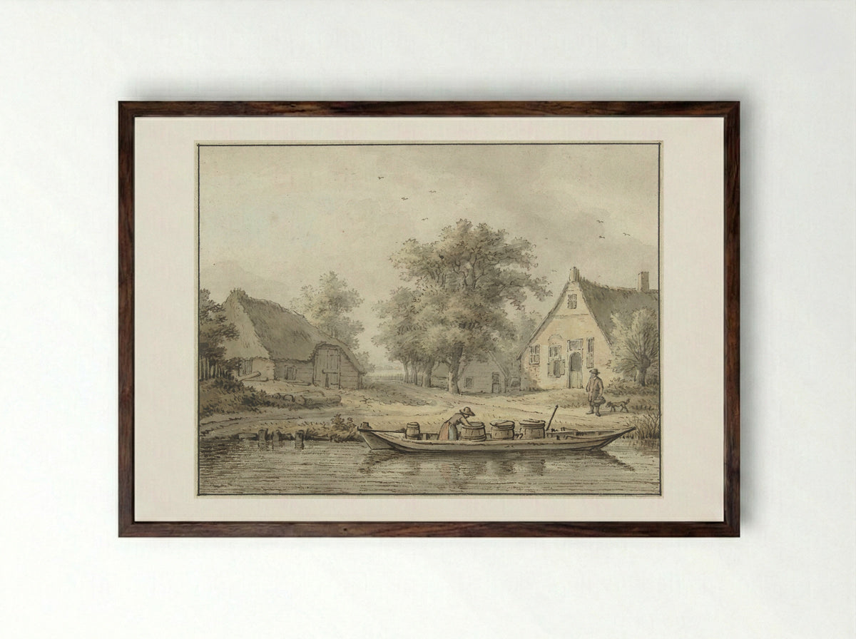 Landschap met afgemeerde schuit met vaten - Cornelis Buys - Framed Print Dark Wood