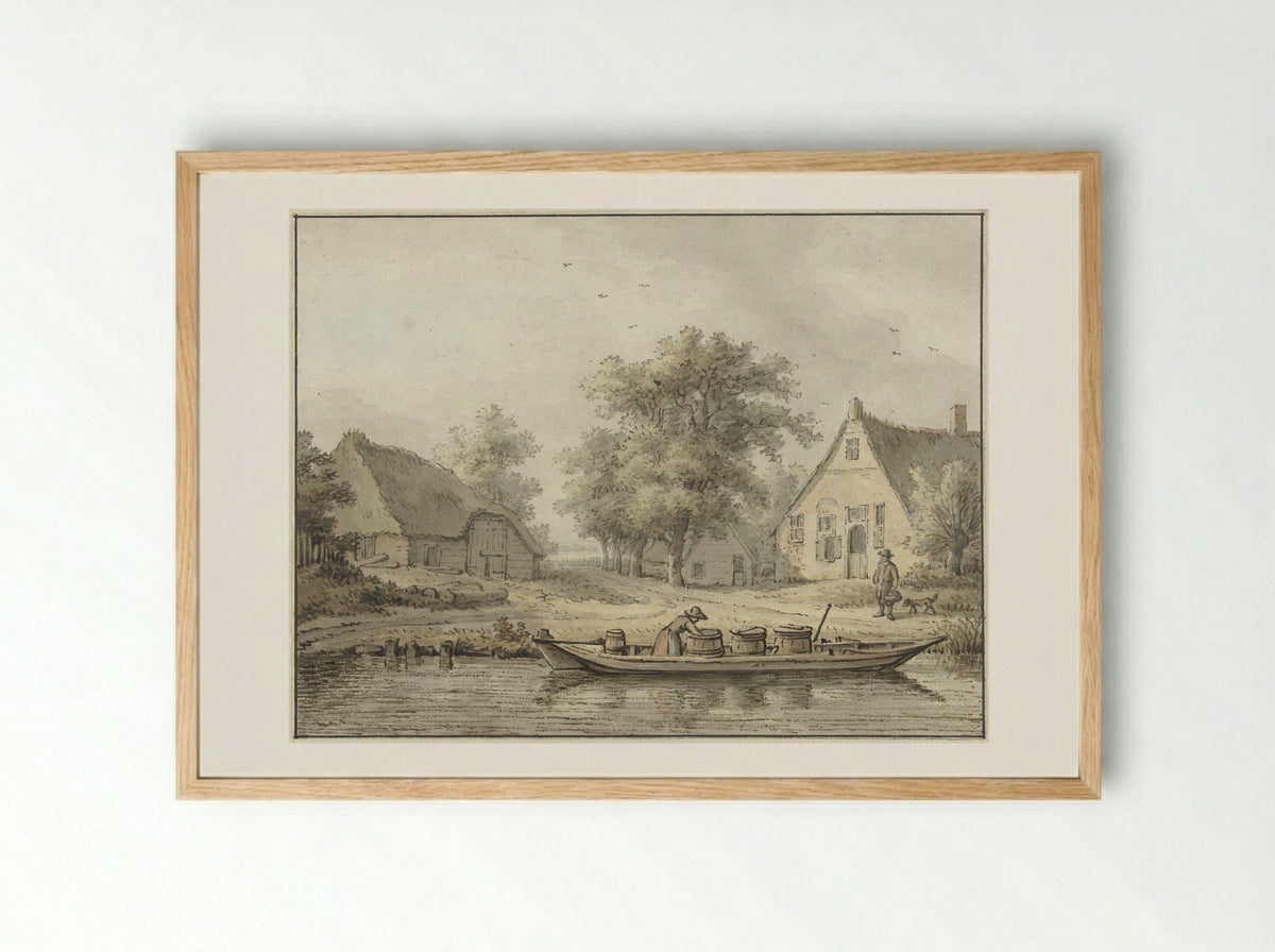 Landschap met afgemeerde schuit met vaten - Cornelis Buys - Framed Print Wood