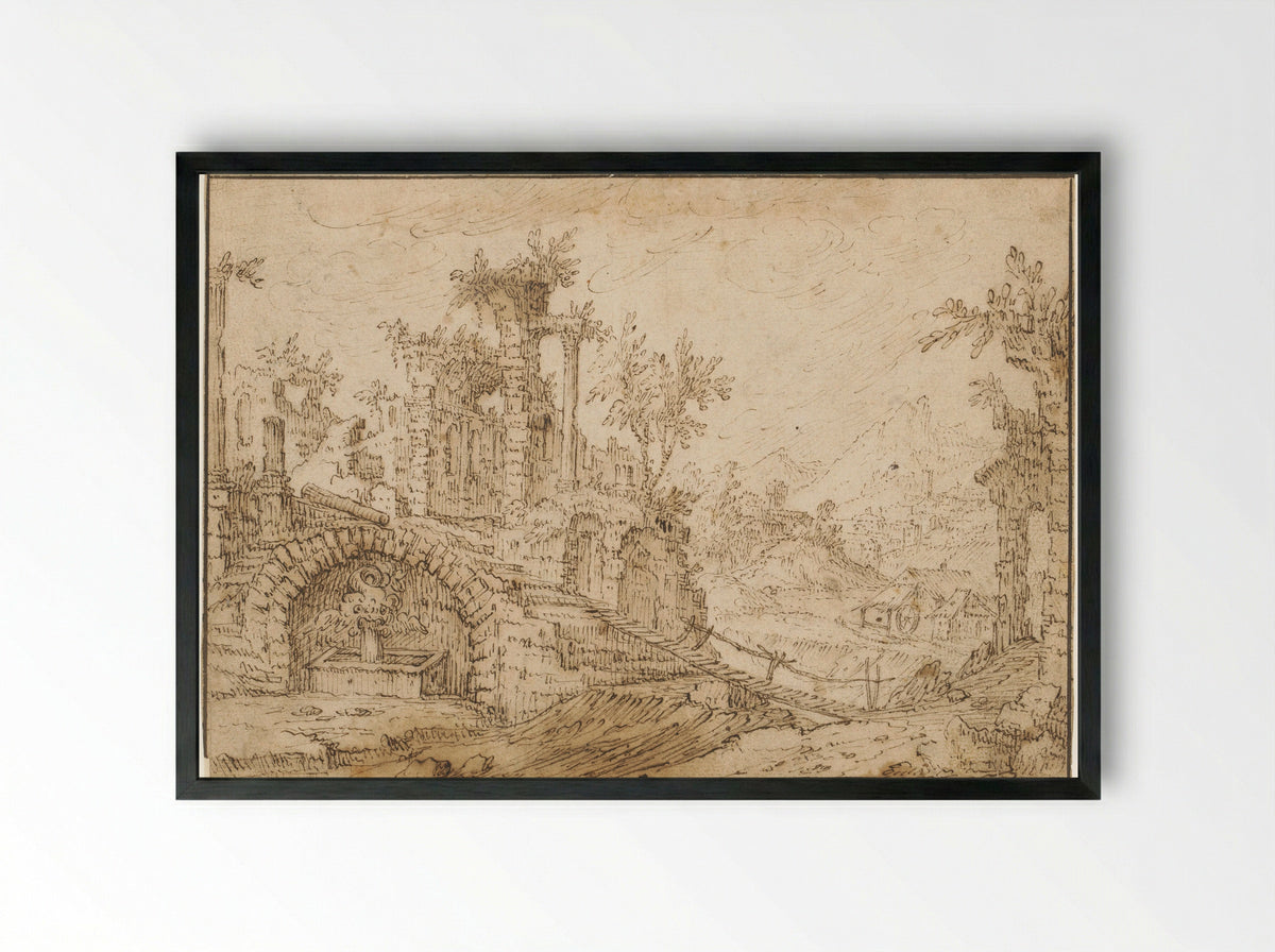 Landschap met antieke ruïnes - Tobias Verhaecht - Framed Print Black