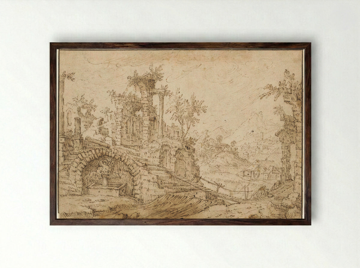 Landschap met antieke ruïnes - Tobias Verhaecht - Framed Print Dark Wood
