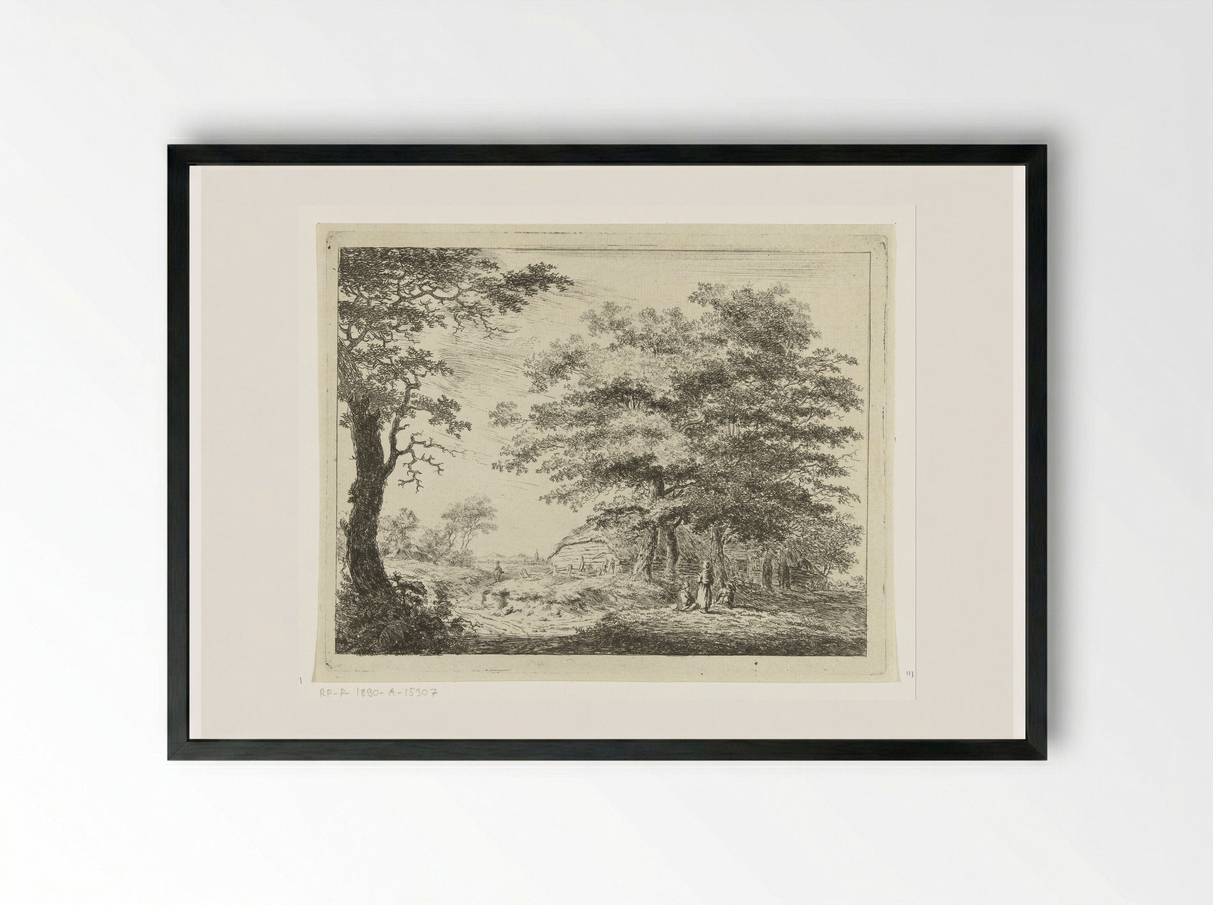 Landschap met boerderij en figuren onder bomen - Hermanus van Brussel - Framed Print Black