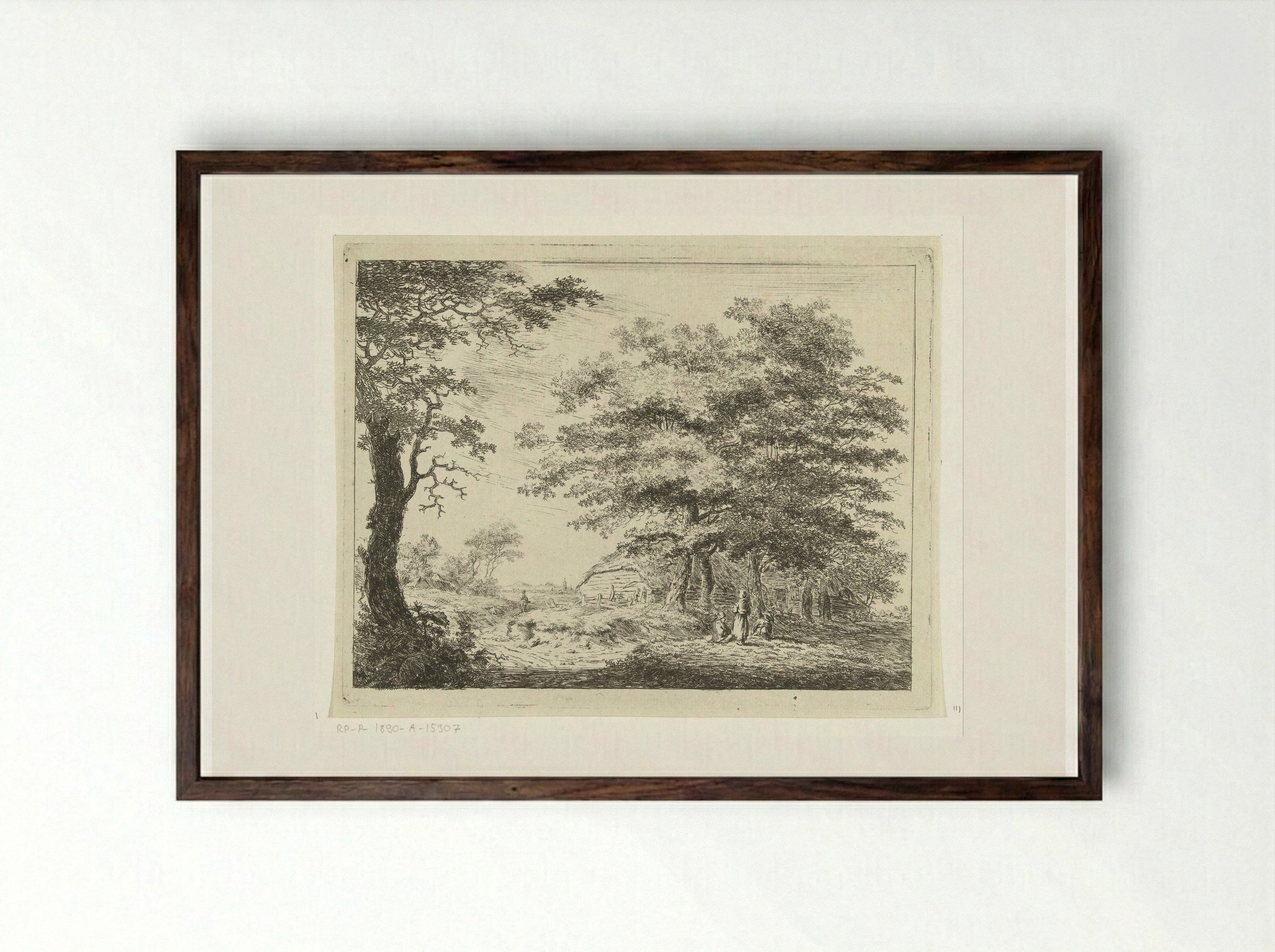 Landschap met boerderij en figuren onder bomen - Hermanus van Brussel - Framed Print Dark Wood