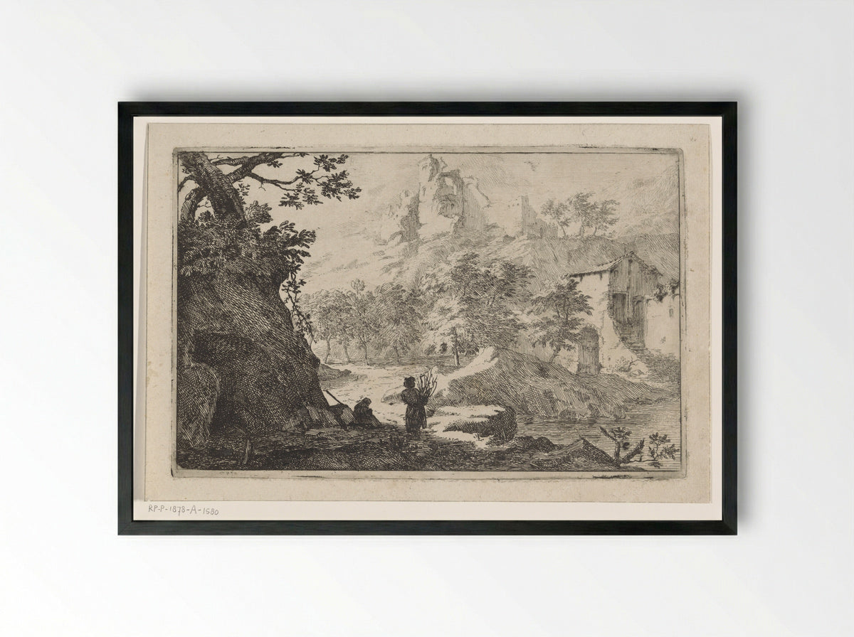 Landschap met boerderij en ruïne - Jan Smees - Framed Print Black